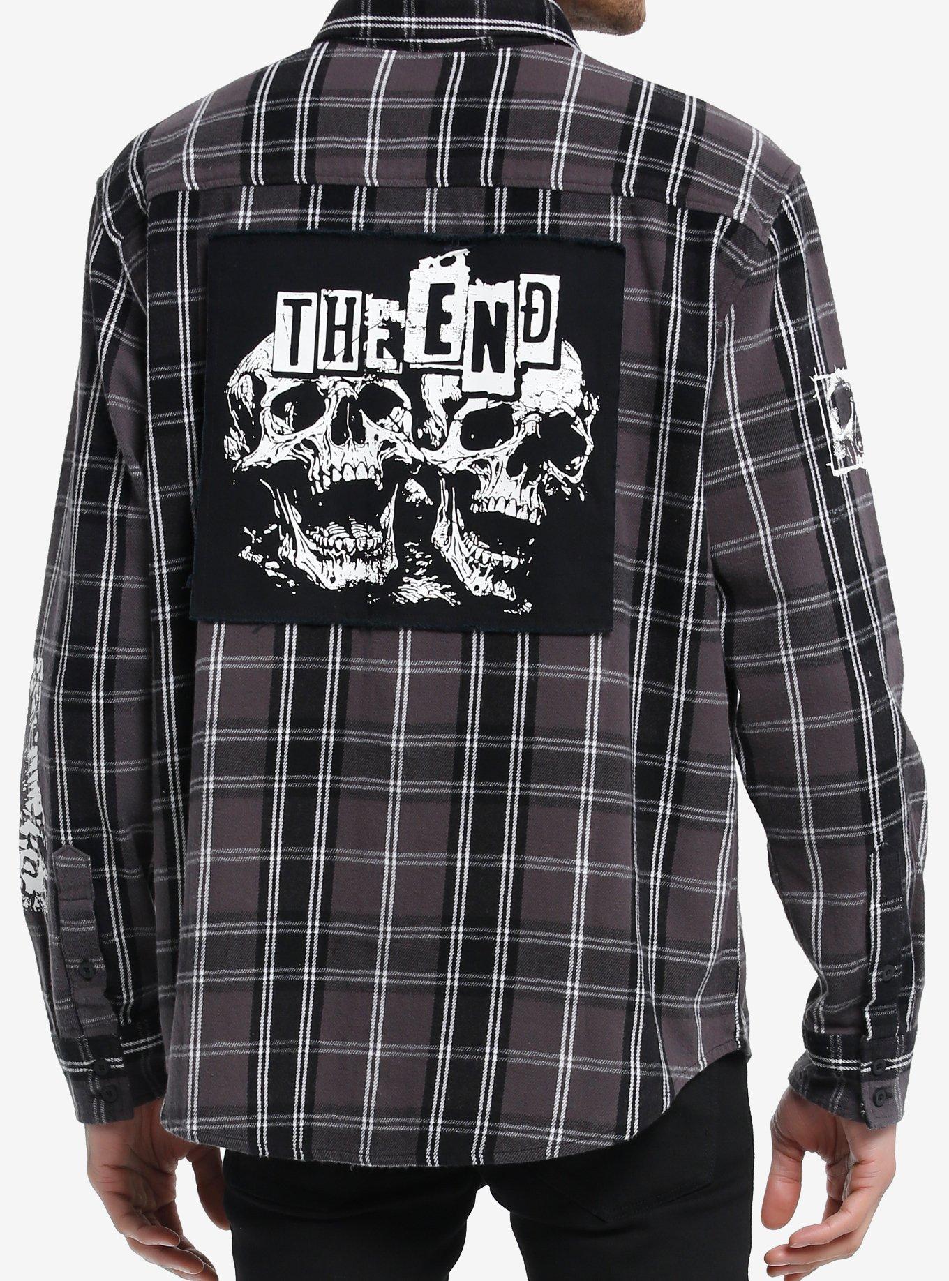 Social Collision® Black & White Plaid Punk Icons Long-Sleeve Woven Button-Up, , alternate