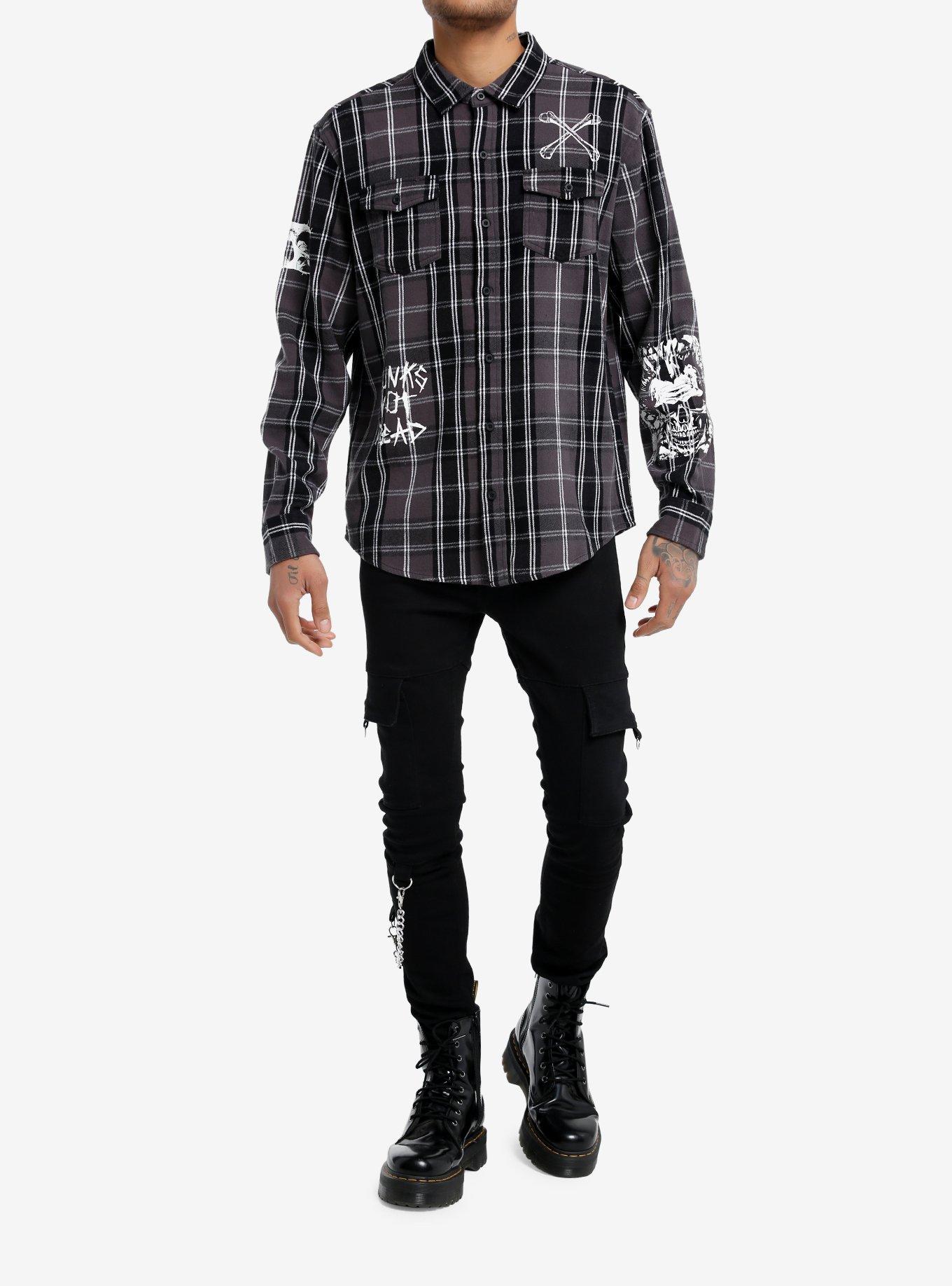 Social Collision® Black & White Plaid Punk Icons Long-Sleeve Woven Button-Up, , alternate