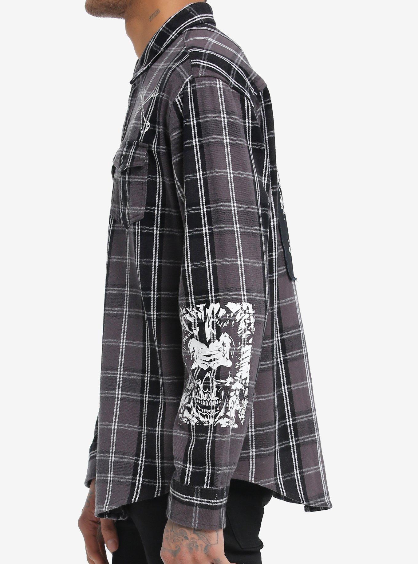 Social Collision® Black & White Plaid Punk Icons Long-Sleeve Woven Button-Up, , alternate