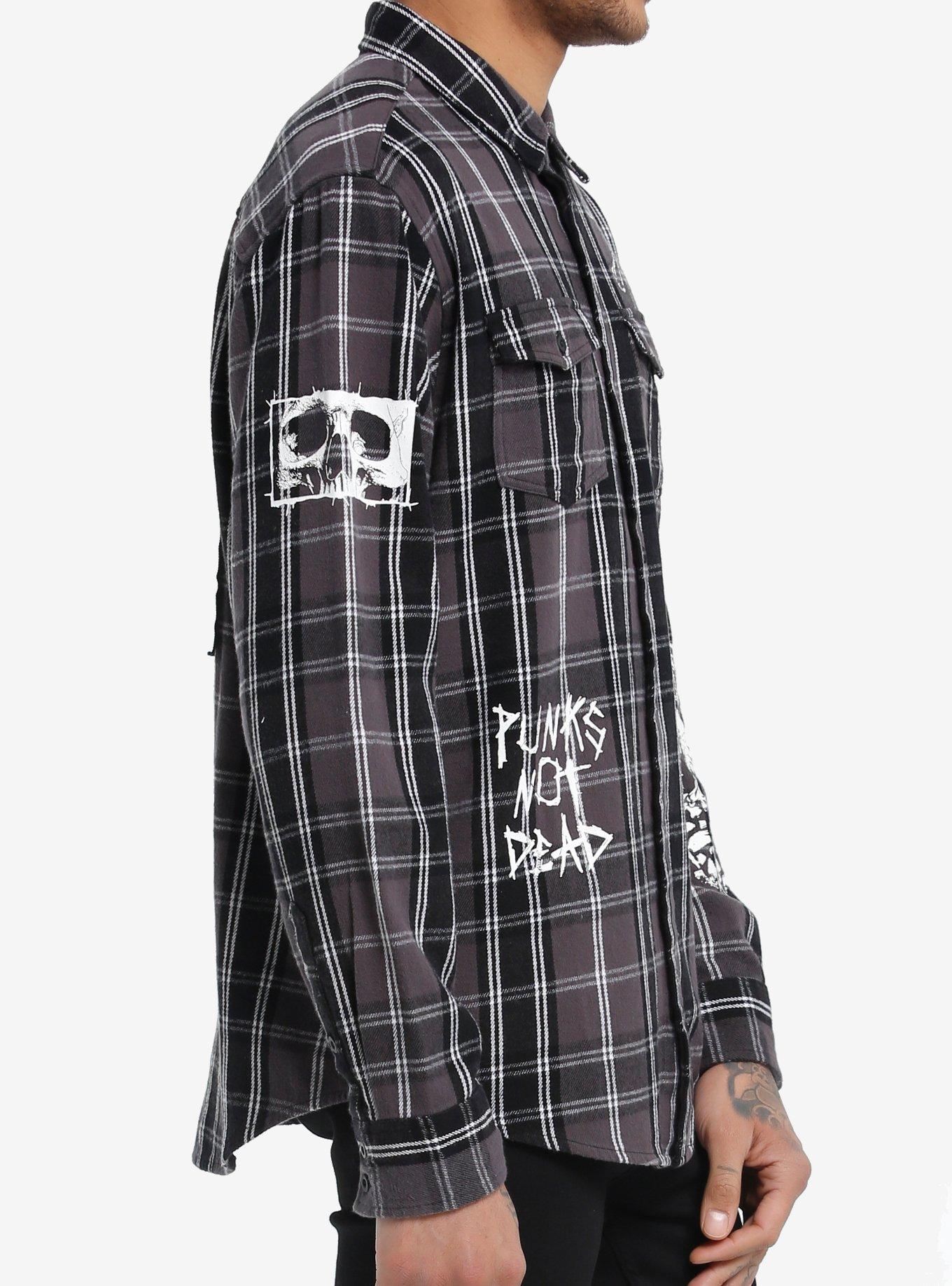 Social Collision® Black & White Plaid Punk Icons Long-Sleeve Woven Button-Up, , alternate