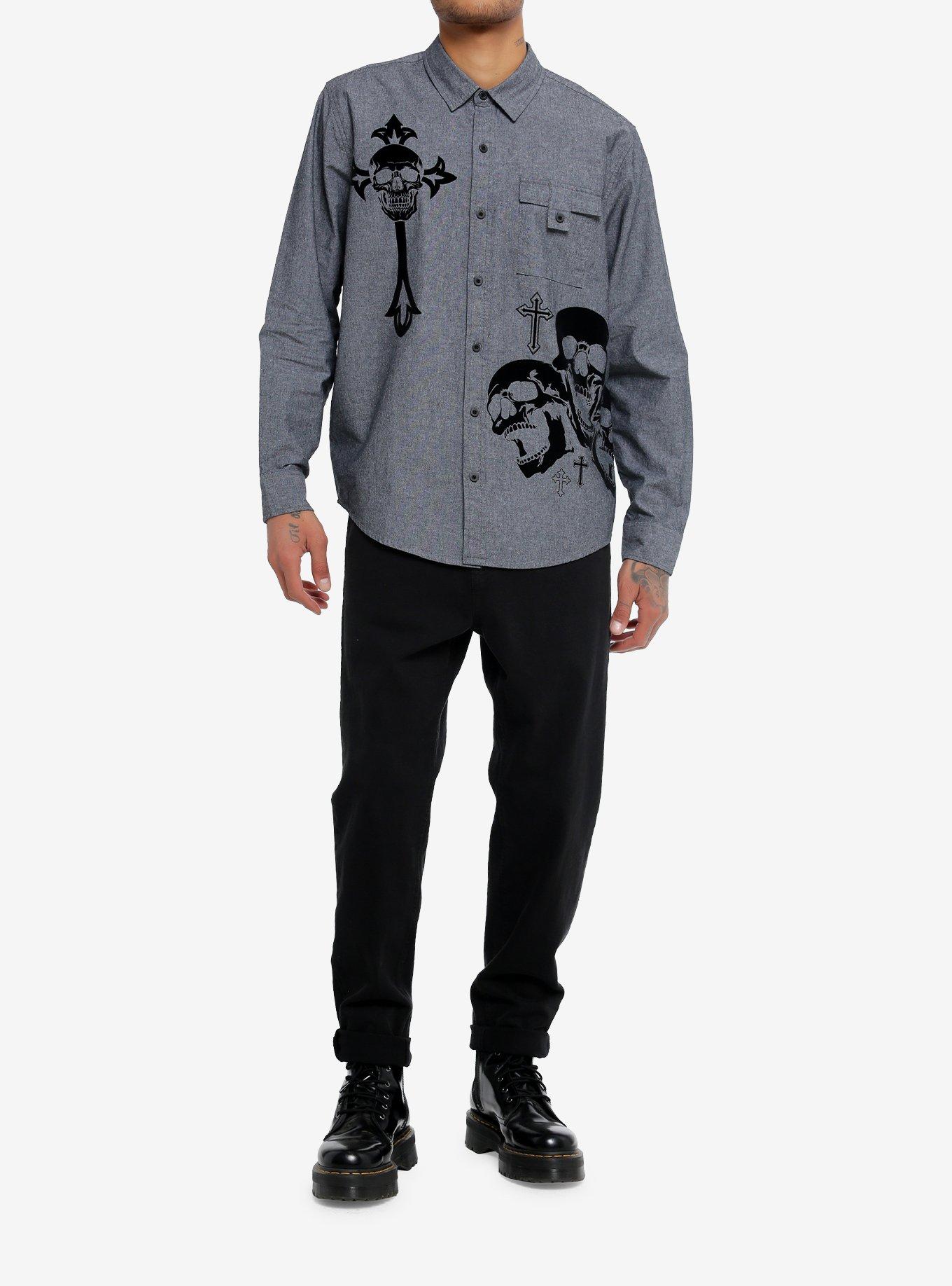 Social Collision® Black Flocked Skull Long-Sleeve Woven Button-Up