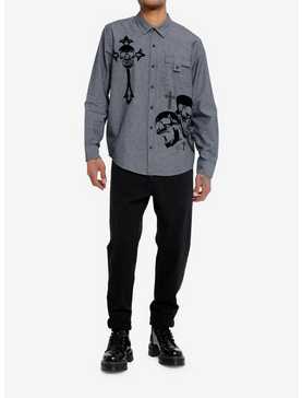 Social Collision® Black Flocked Skull Long-Sleeve Woven Button-Up, , hi-res