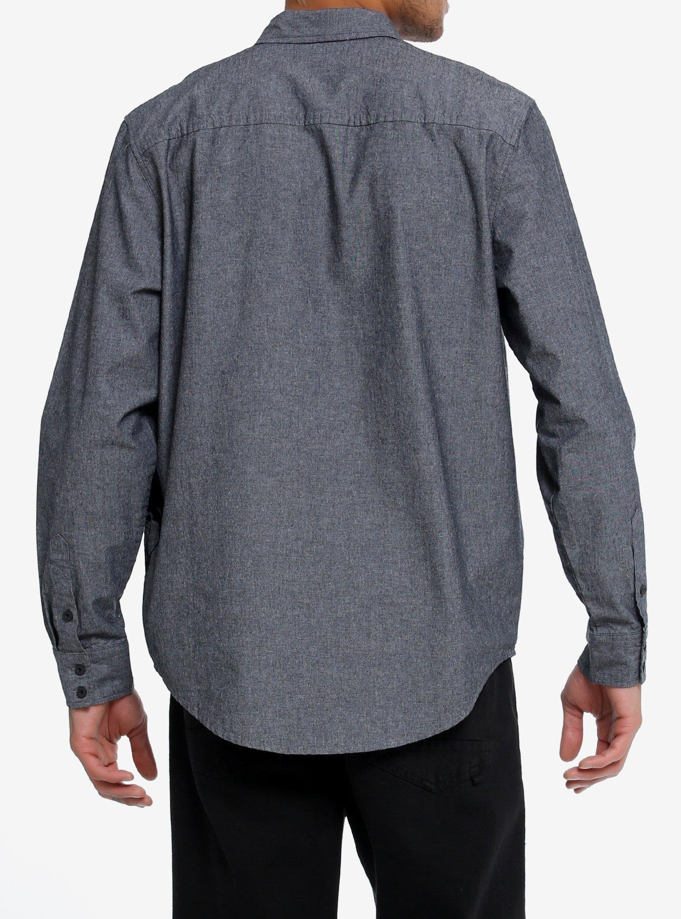 Social Collision® Black Flocked Skull Long-Sleeve Woven Button-Up, BLACK, alternate