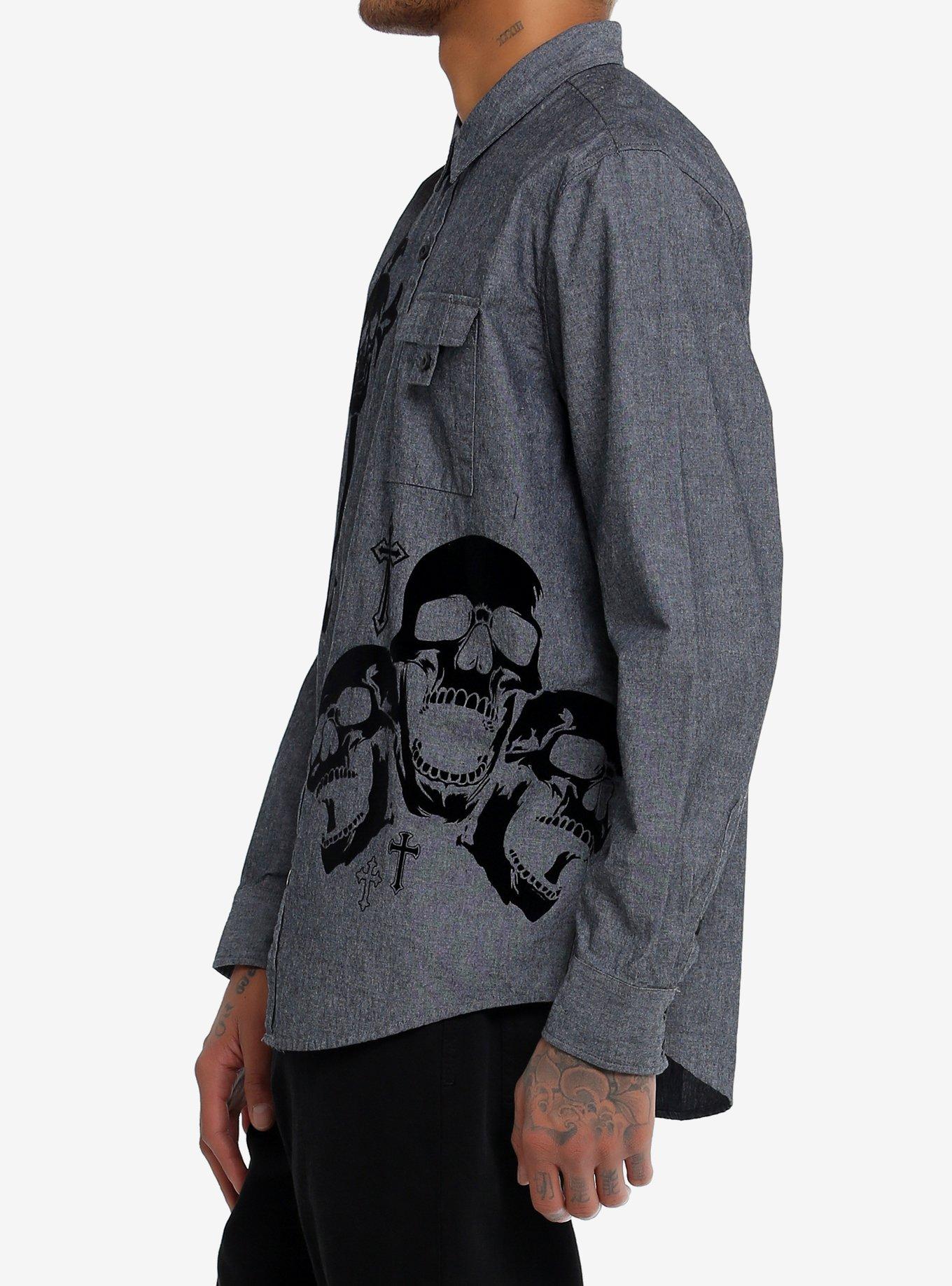 Social Collision® Black Flocked Skull Long-Sleeve Woven Button-Up, BLACK, alternate