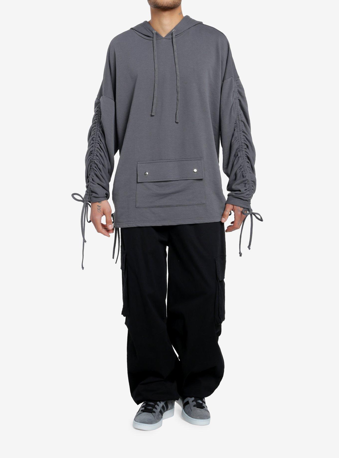 Grey Ruched Oversized Hoodie, , hi-res