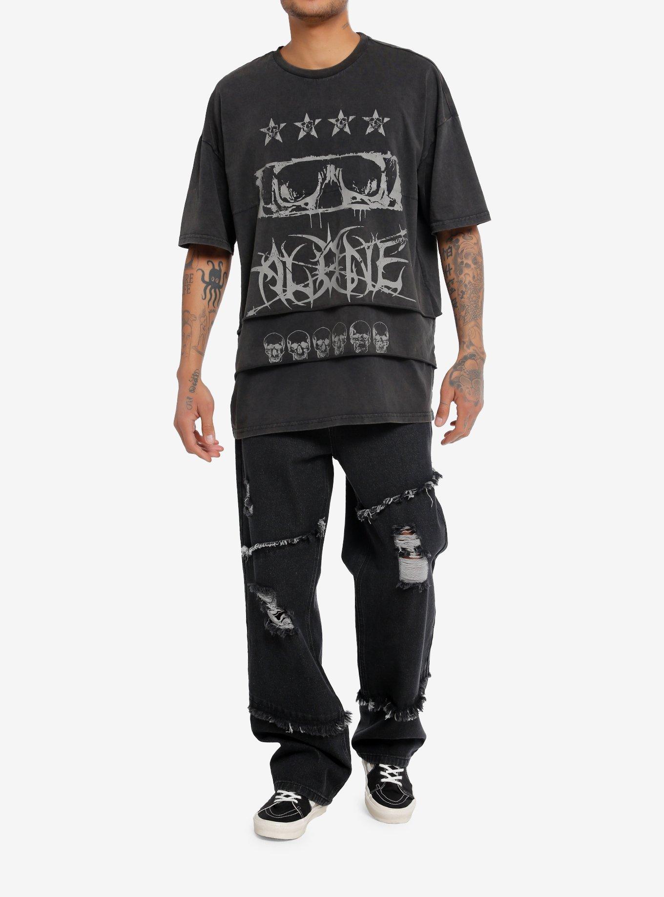 Social Collision Skull Alone Layered Oversized T-Shirt, , alternate