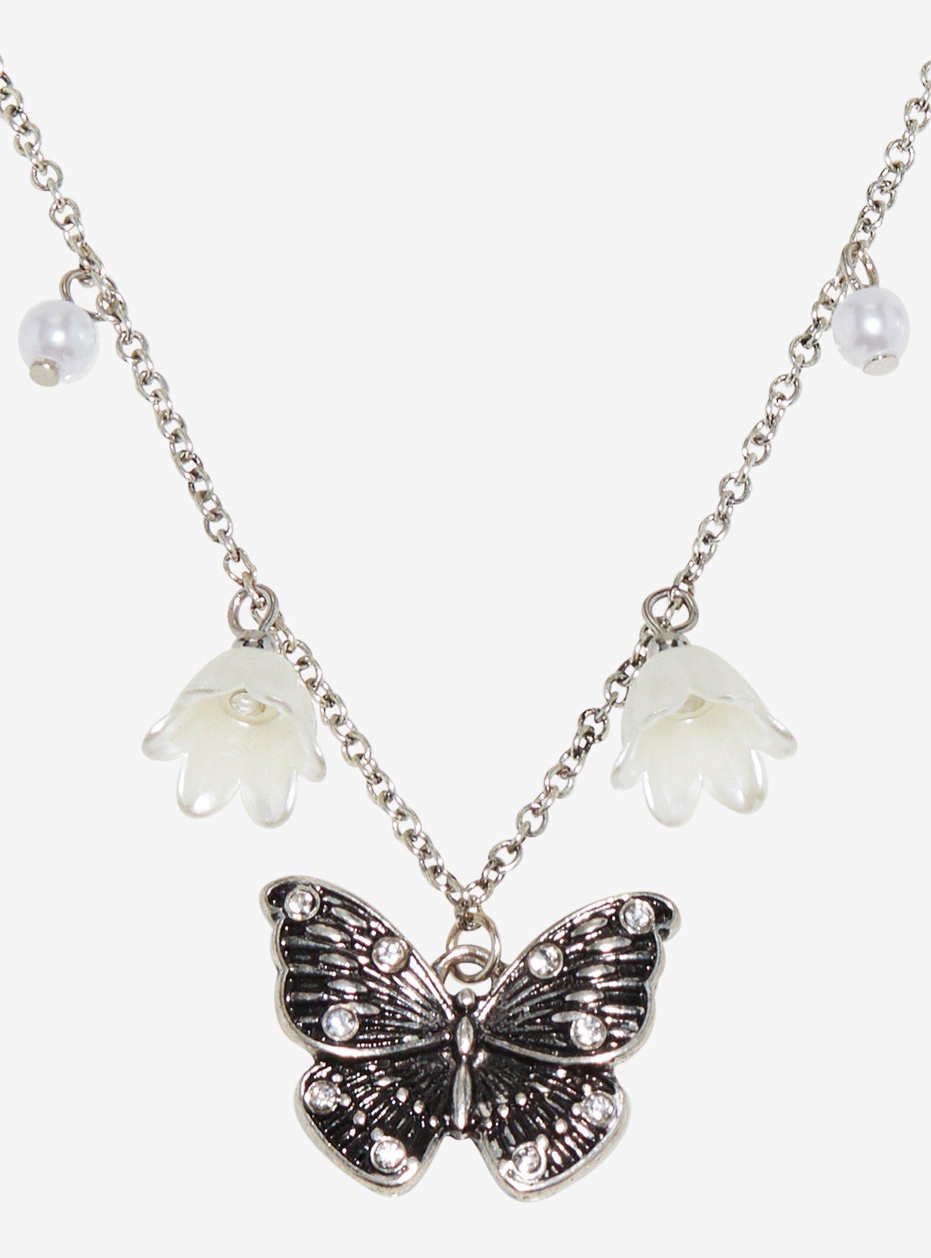 Thorn & Fable Butterfly Flowers Pendant Necklace, , alternate