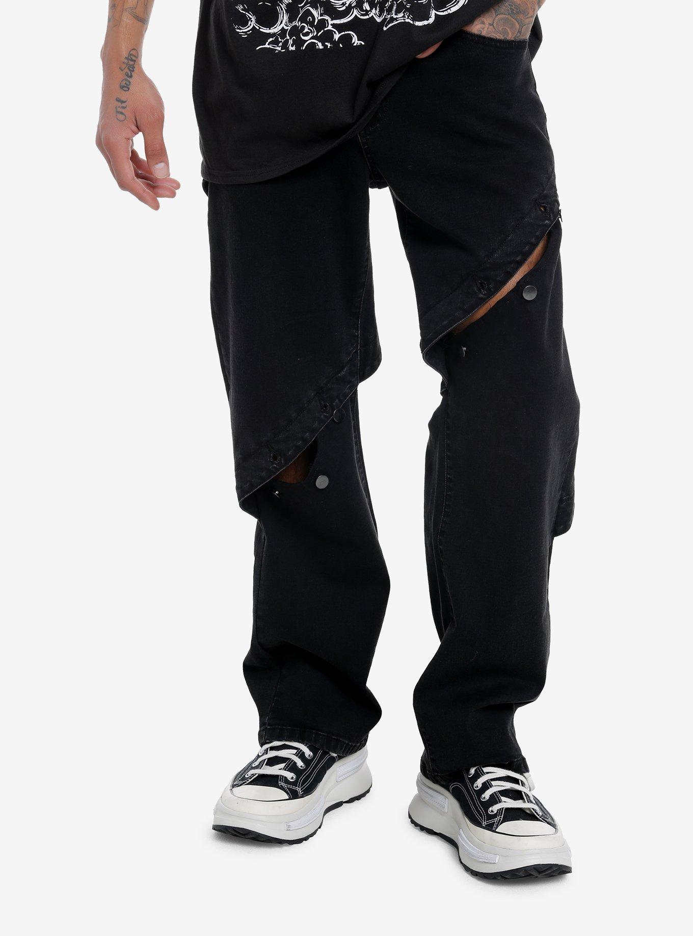 Black Thigh Buttons Wide Leg Jeans, BLACK, alternate