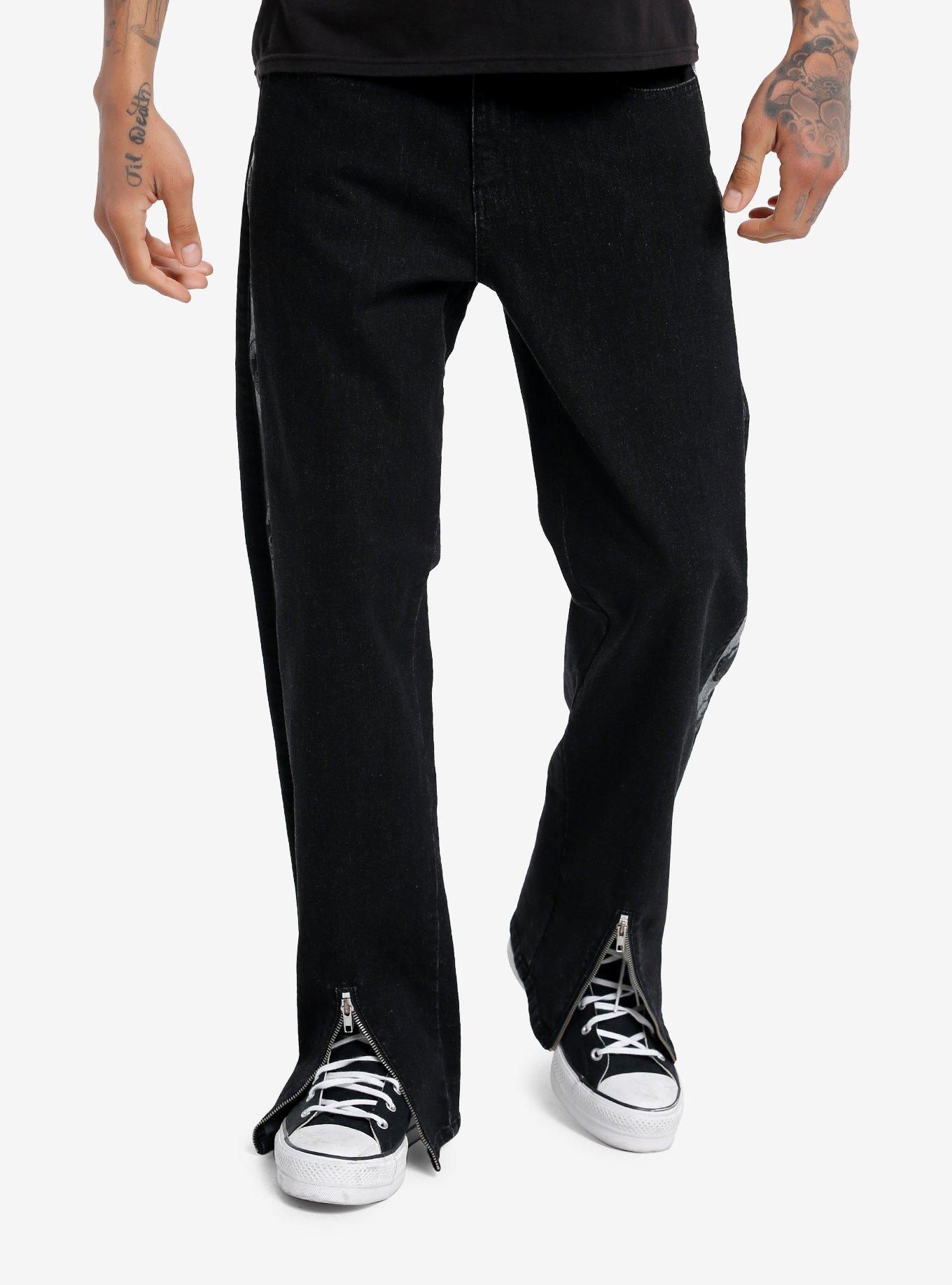 Black Skull Stripe Zipper Wide Leg Pants, GREY, alternate