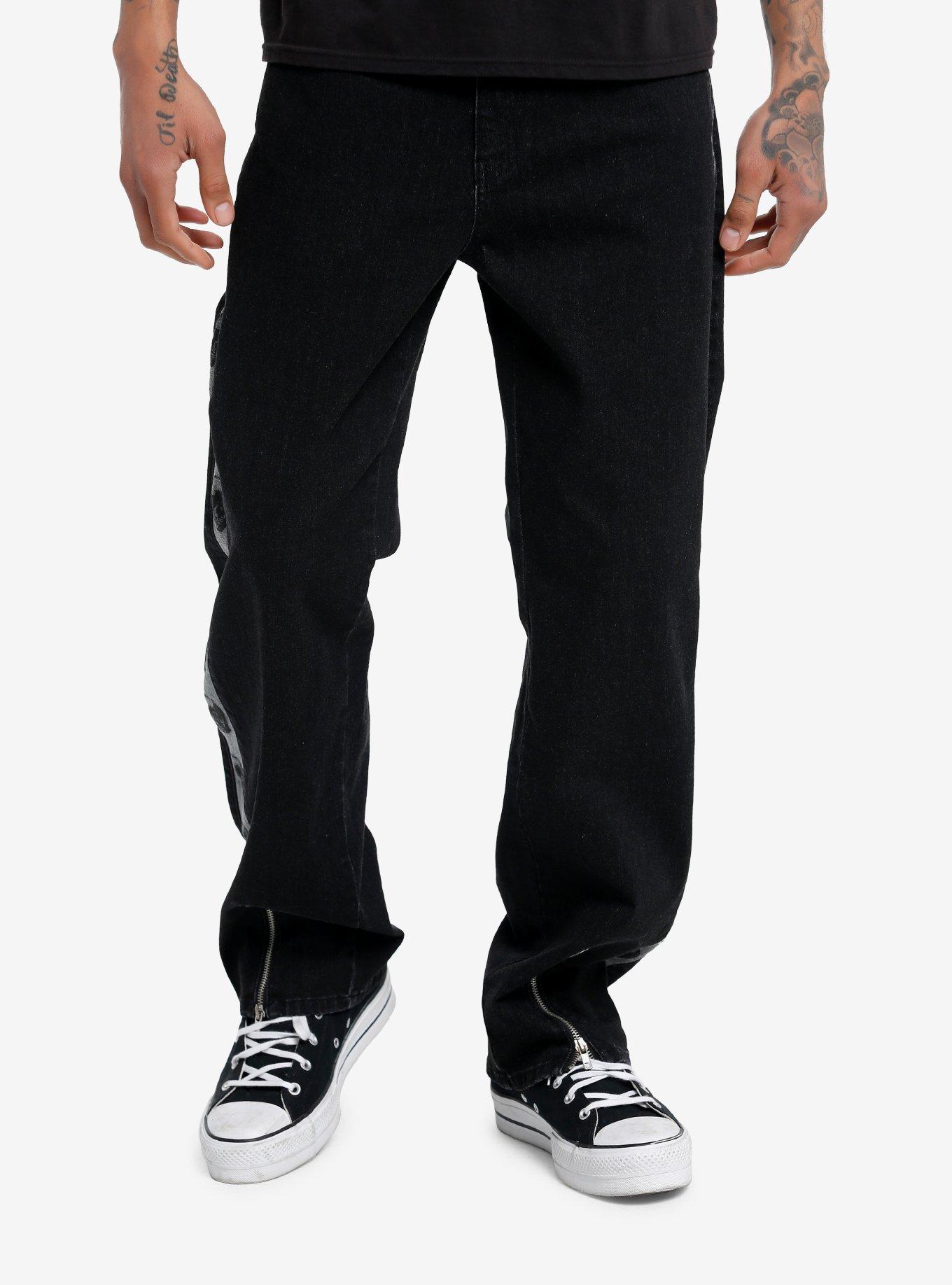 Black Skull Stripe Zipper Wide Leg Pants, GREY, alternate