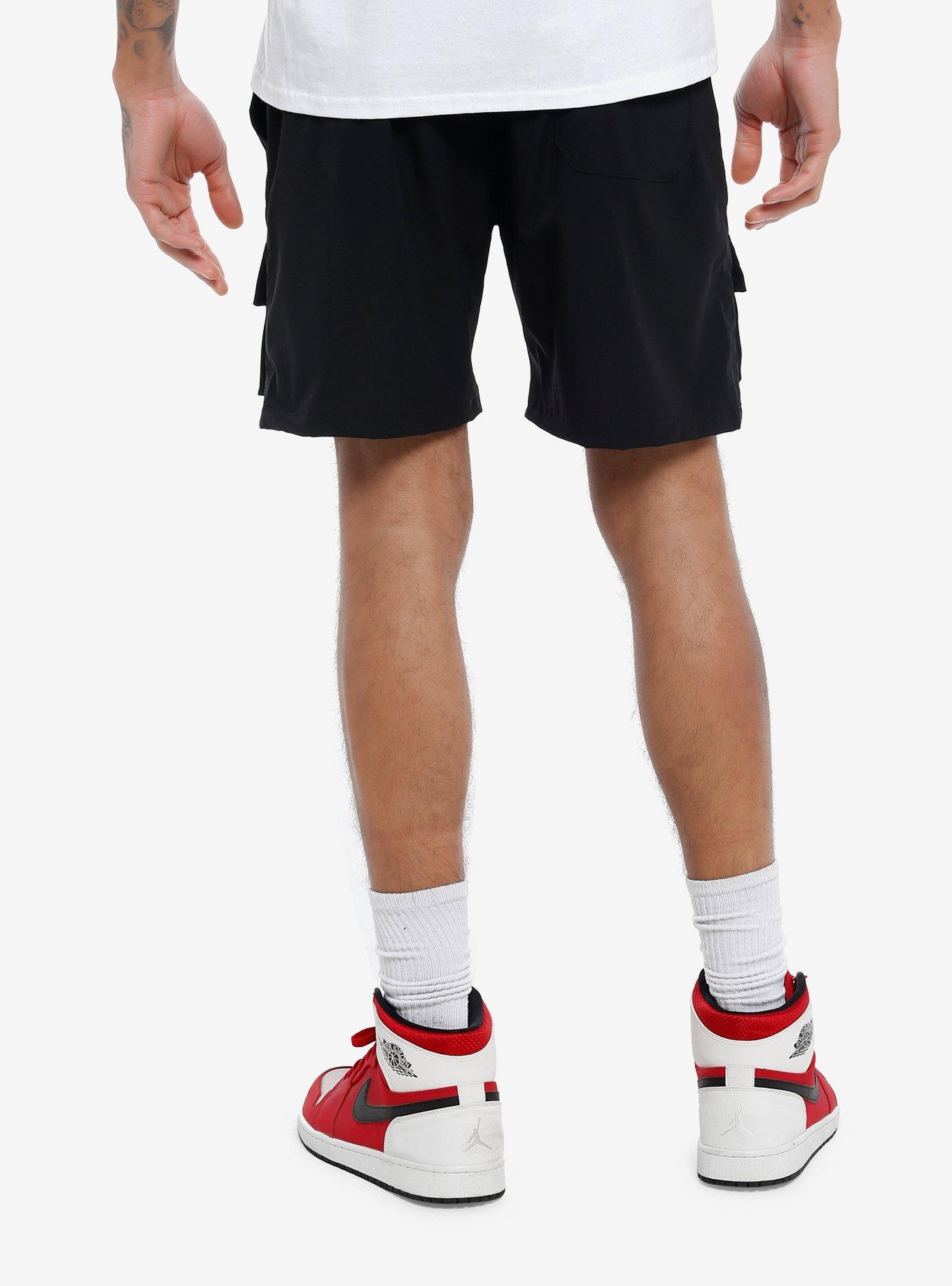 Black Zipper Cargo Nylon Shorts, BLACK, alternate