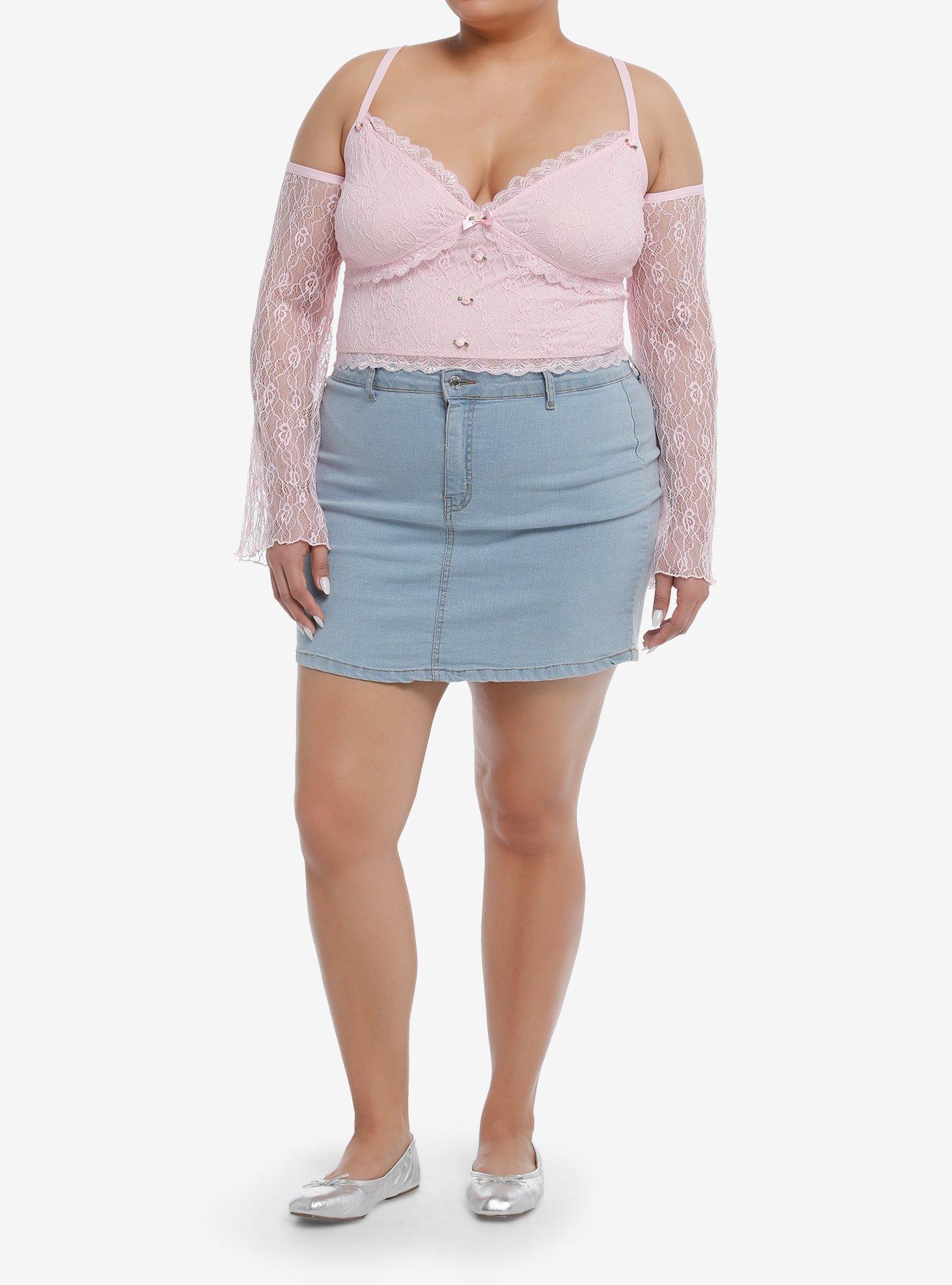 Sweet Society Pink Ruched Lace Girls Cold Shoulder Long-Sleeve Top Plus Size