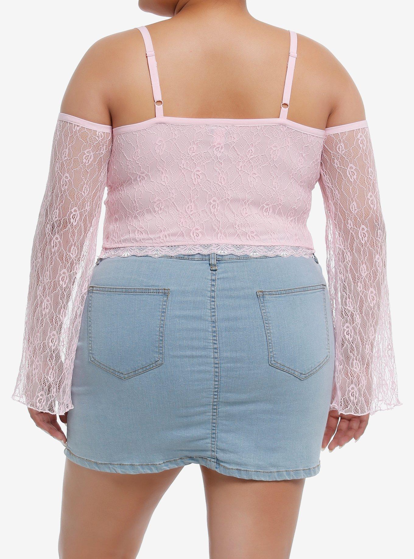 Sweet Society Pink Ruched Lace Girls Cold Shoulder Long-Sleeve Top Plus
