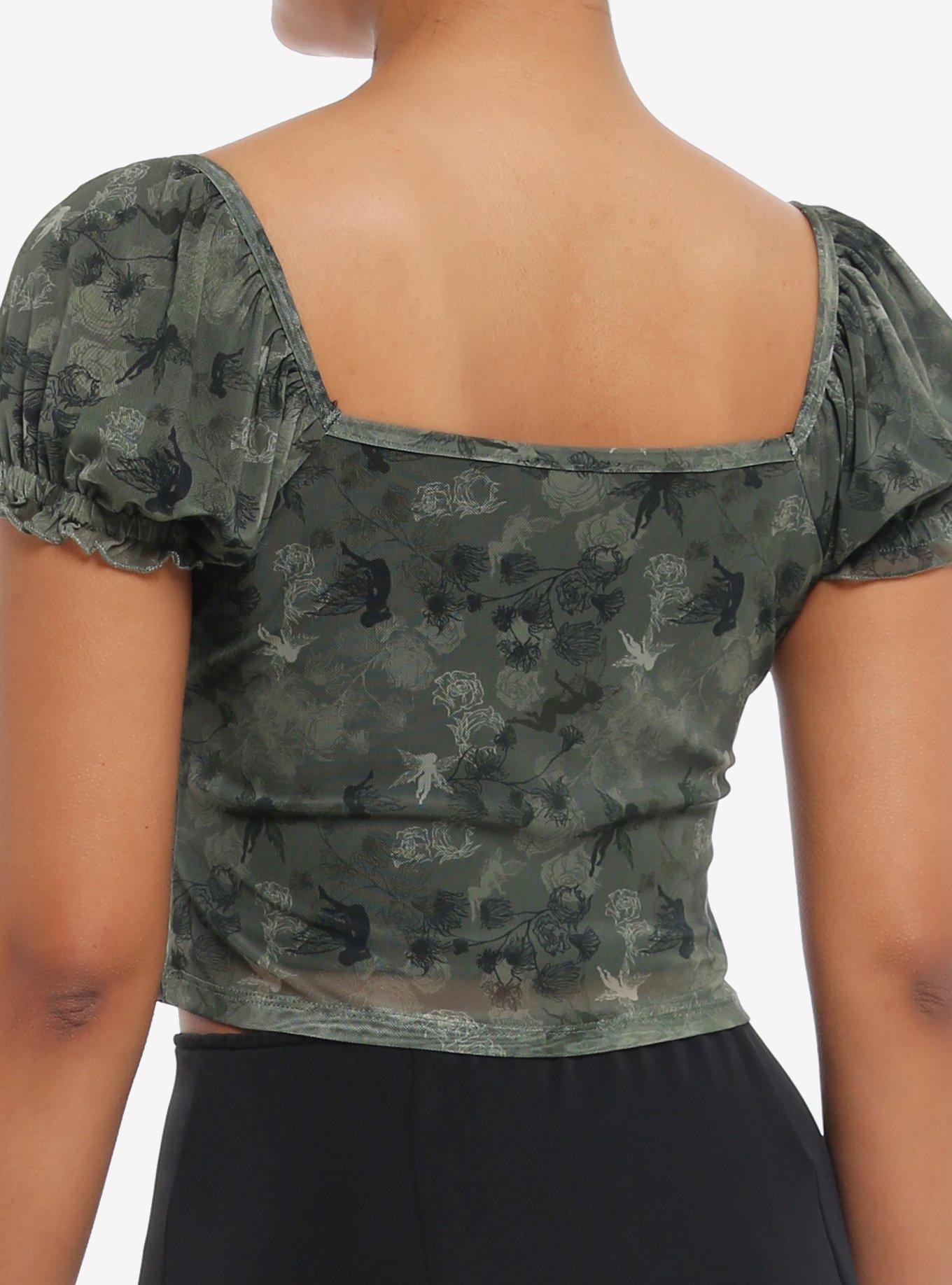 Thorn & Fable Olive Green Fairy Mesh Girls Crop Top, BLACK, alternate
