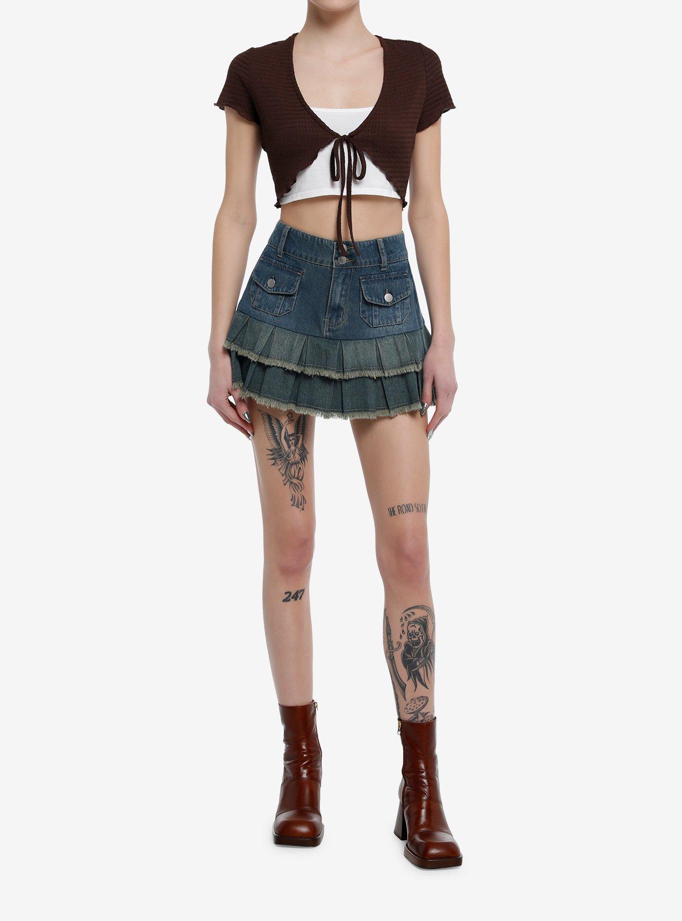 Thorn & Fable Brown Textured Girls Crop Shrug, , hi-res