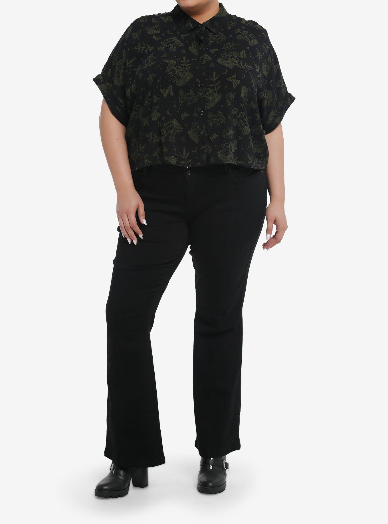 Cosmic Aura Black & Green Mushroom Girls Crop Woven Button-Up Plus Size, GREEN, alternate
