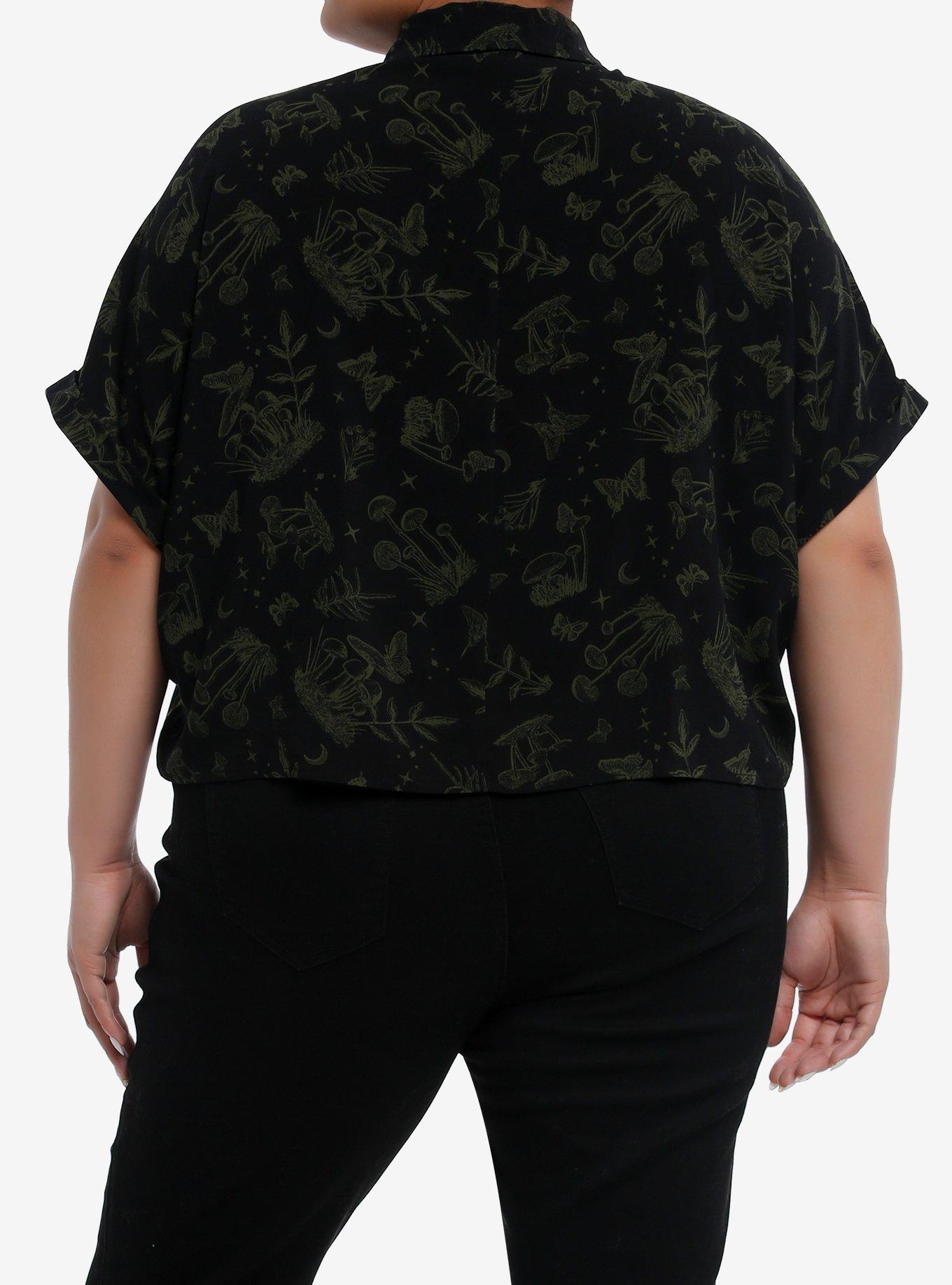 Cosmic Aura Black & Green Mushroom Girls Crop Woven Button-Up Plus Size, GREEN, alternate