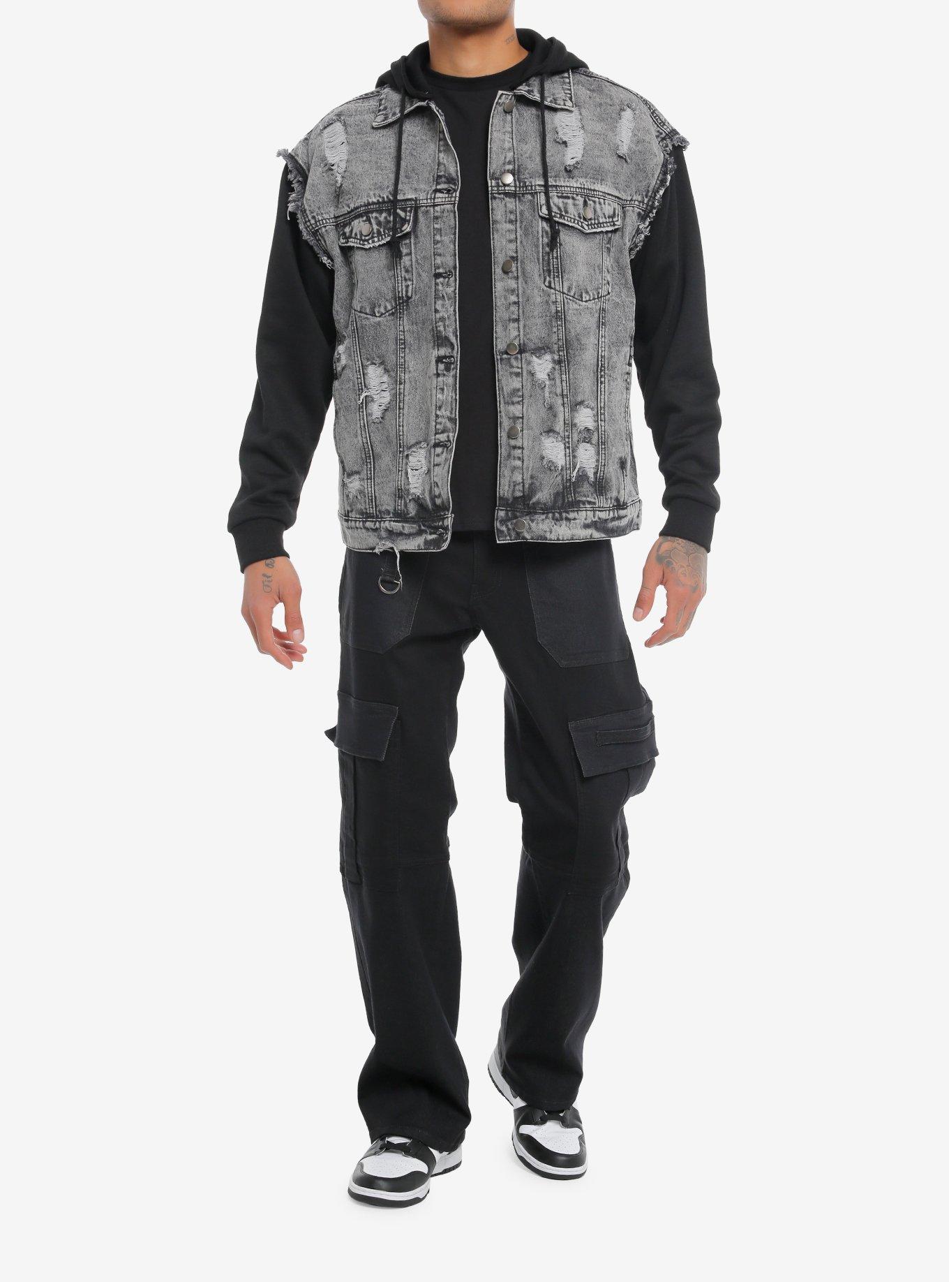 Skull Denim Twofer Hoodie Jacket, BLACK, alternate