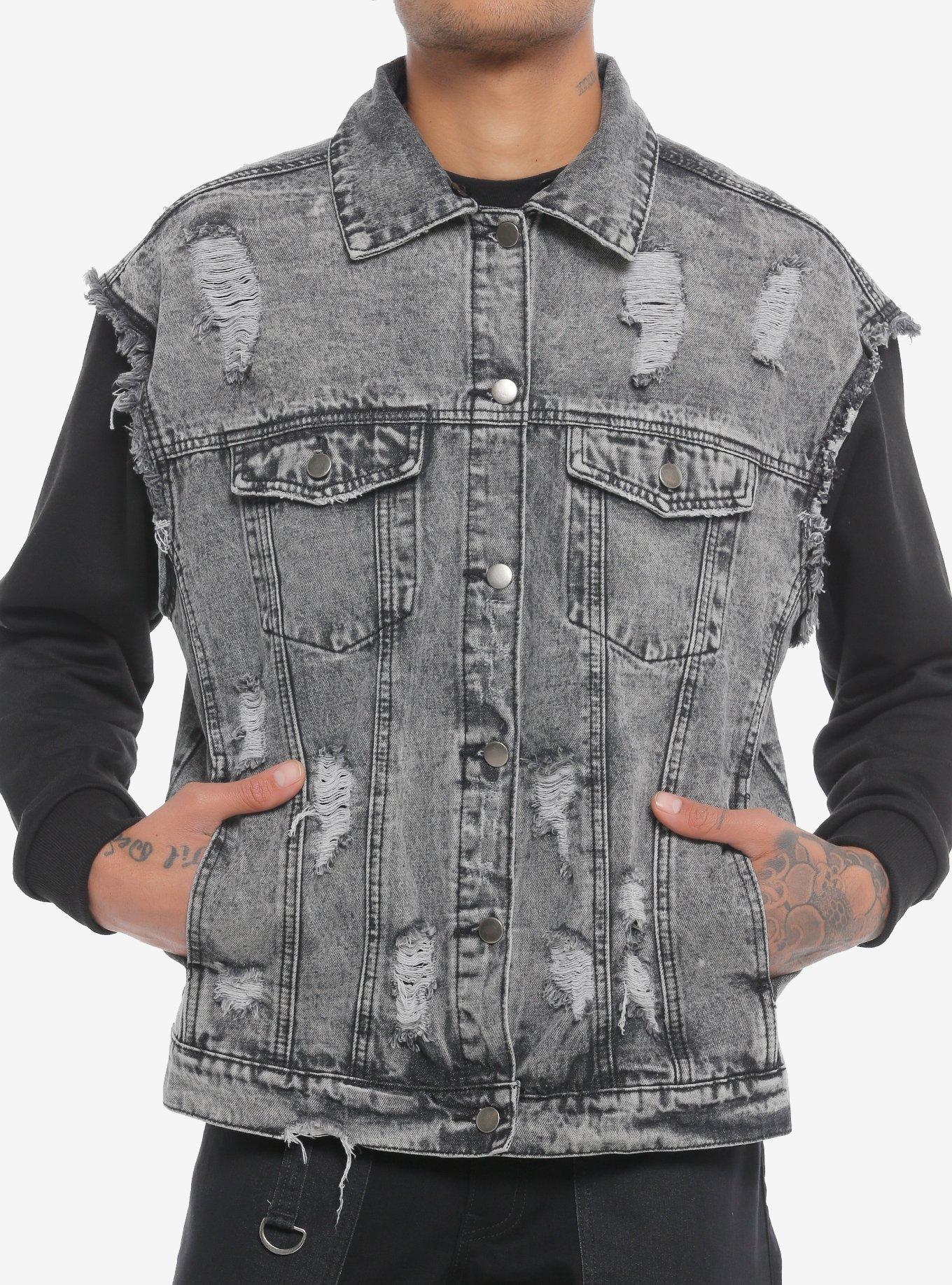 Skull Denim Twofer Hoodie Jacket, BLACK, alternate