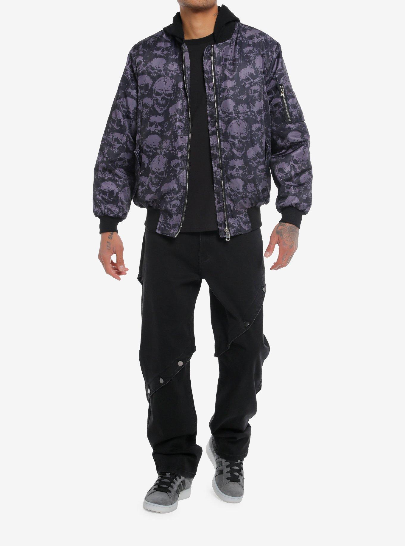 Skulls Allover Hooded Bomber Jacket, BLACK, alternate