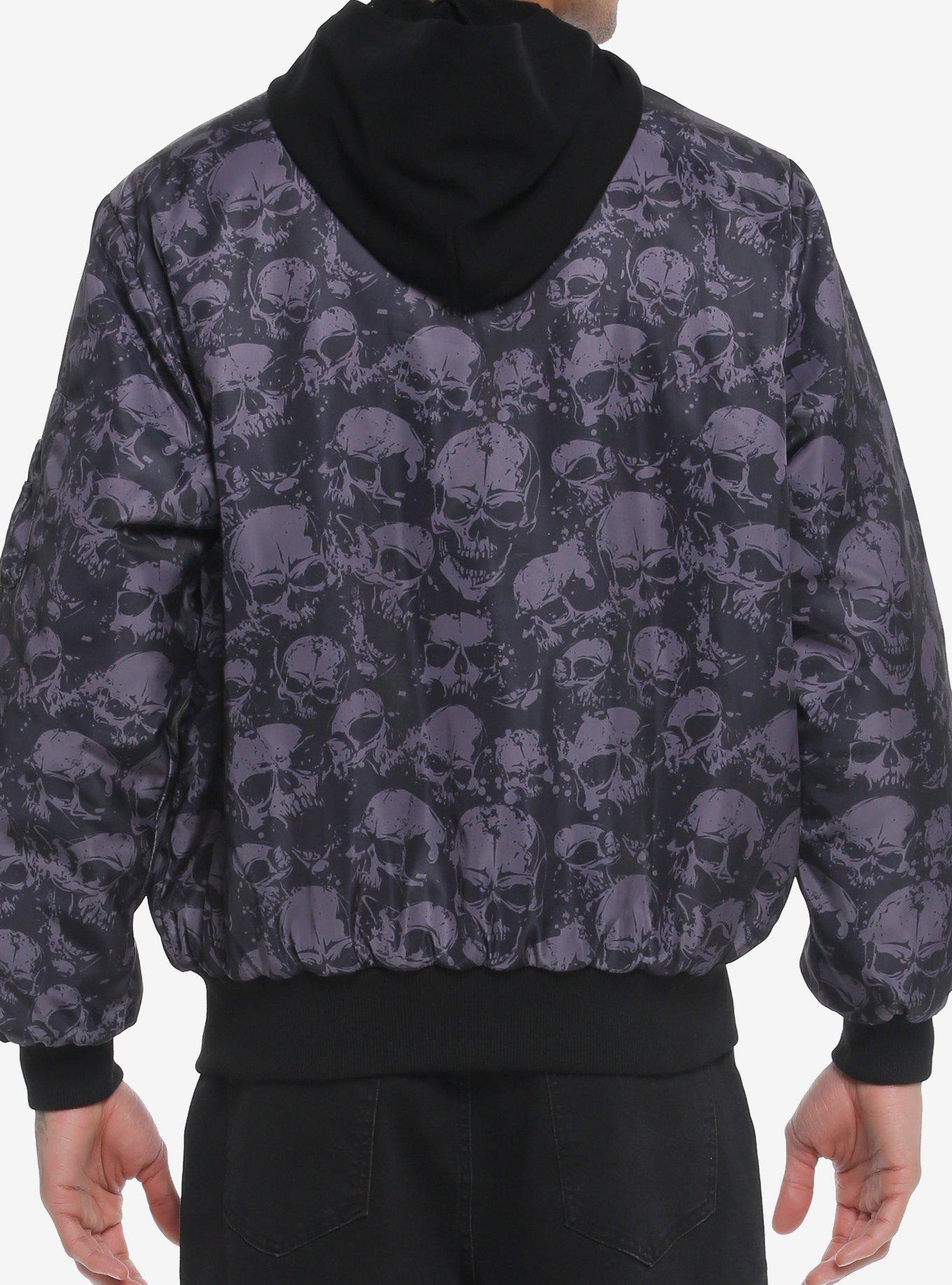 Skulls Allover Hooded Bomber Jacket, BLACK, alternate