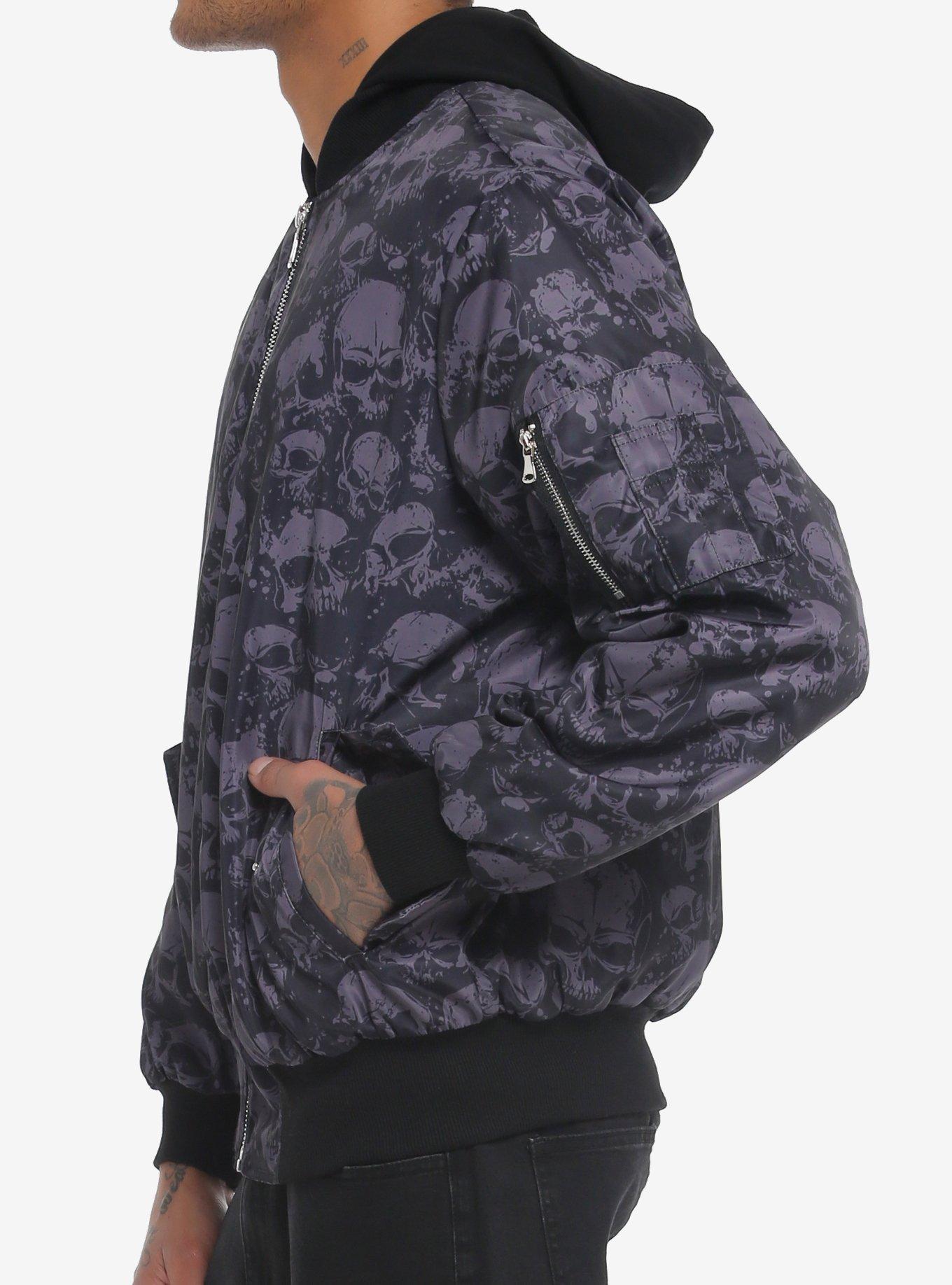 Skulls Allover Hooded Bomber Jacket, BLACK, alternate
