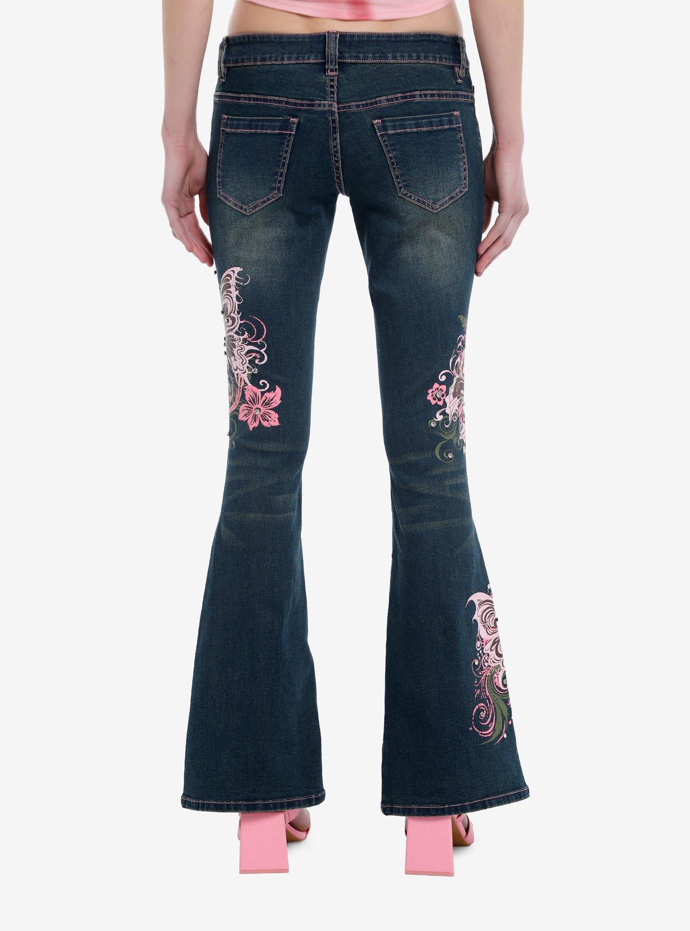 Pink Butterfly Rhinestone Flare Denim Pants, , hi-res