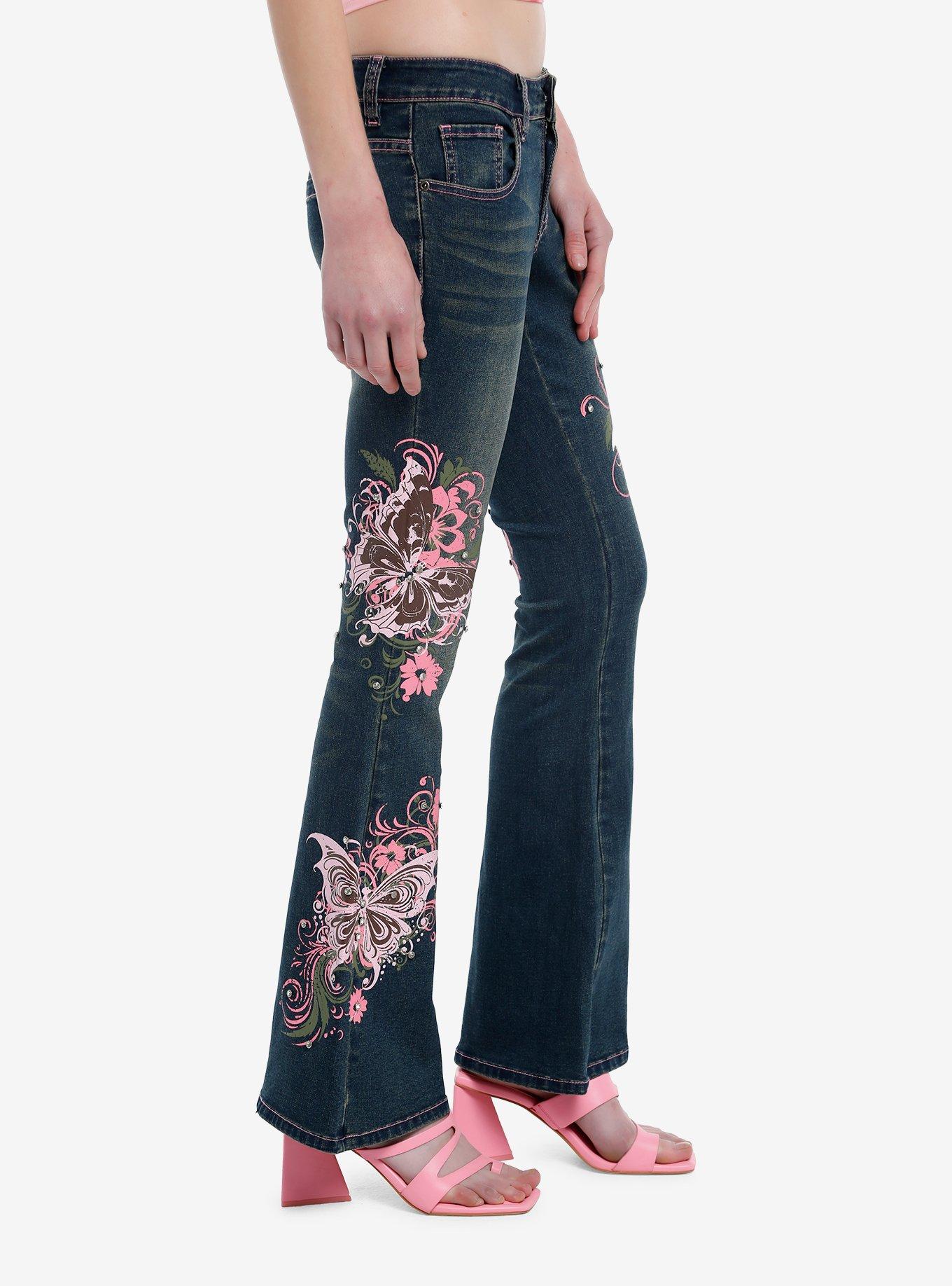 Pink Butterfly Rhinestone Flare Denim Pants, PINK, alternate