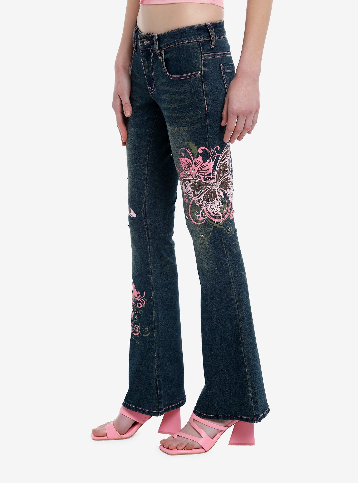 Pink Butterfly Rhinestone Flare Denim Pants, PINK, alternate