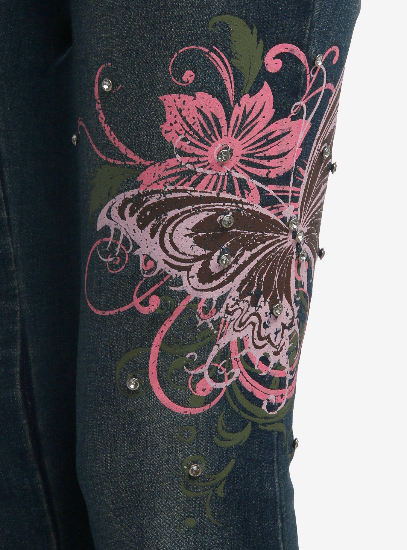 Pink Butterfly Rhinestone Flare Denim Pants, PINK, alternate