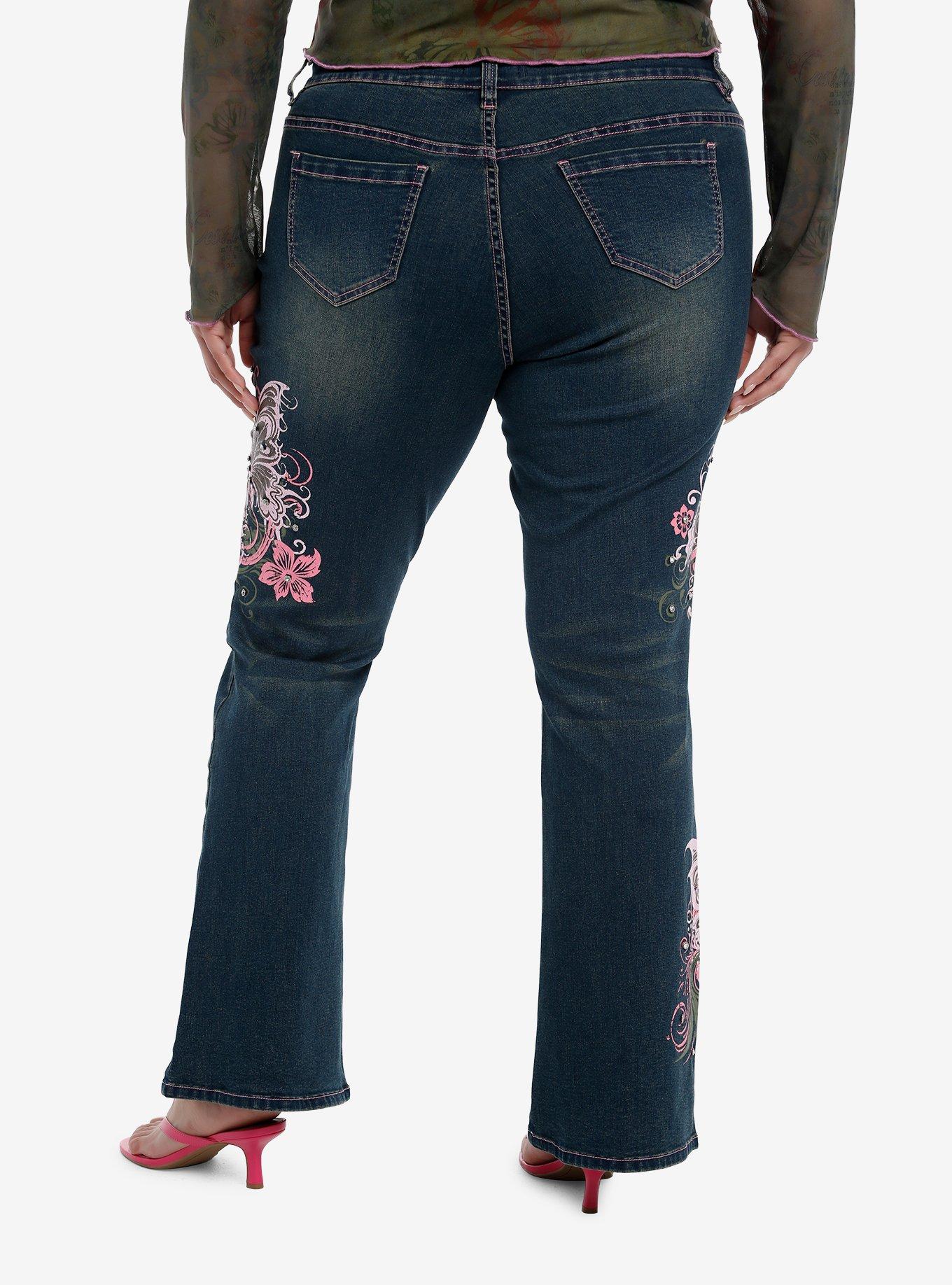 Pink Butterfly Rhinestone Flare Denim Pants Plus Size, , hi-res