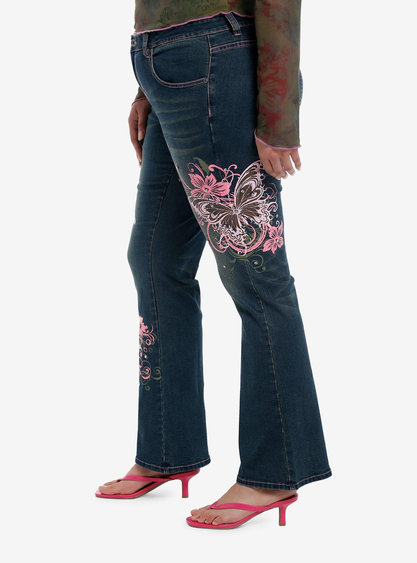 Pink Butterfly Rhinestone Flare Denim Pants Plus Size, PINK, alternate