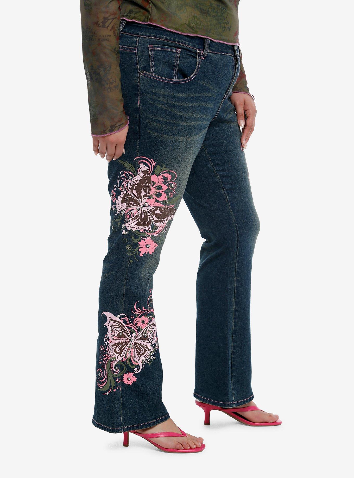 Pink Butterfly Rhinestone Flare Denim Pants Plus Size, PINK, alternate