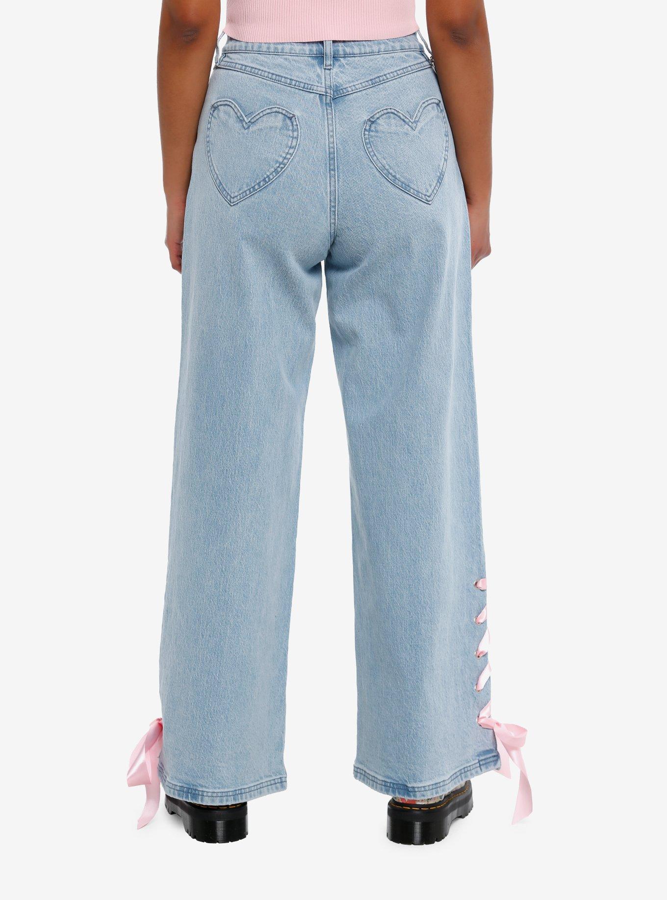 Sweet Society Pink Ribbon Heart Wide Leg Jeans, PINK, alternate