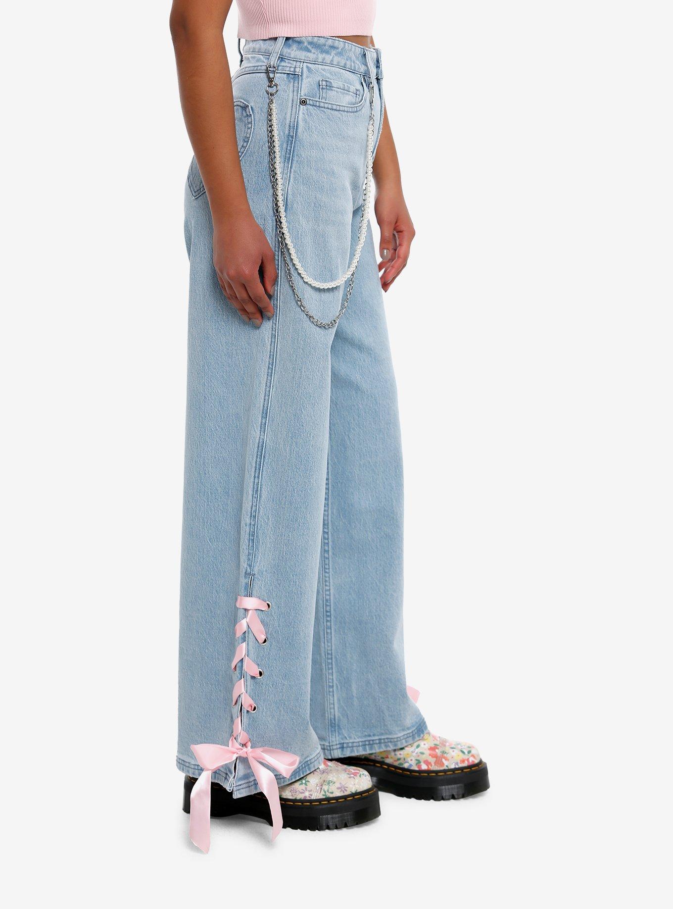 Sweet Society Pink Ribbon Heart Wide Leg Jeans, PINK, alternate