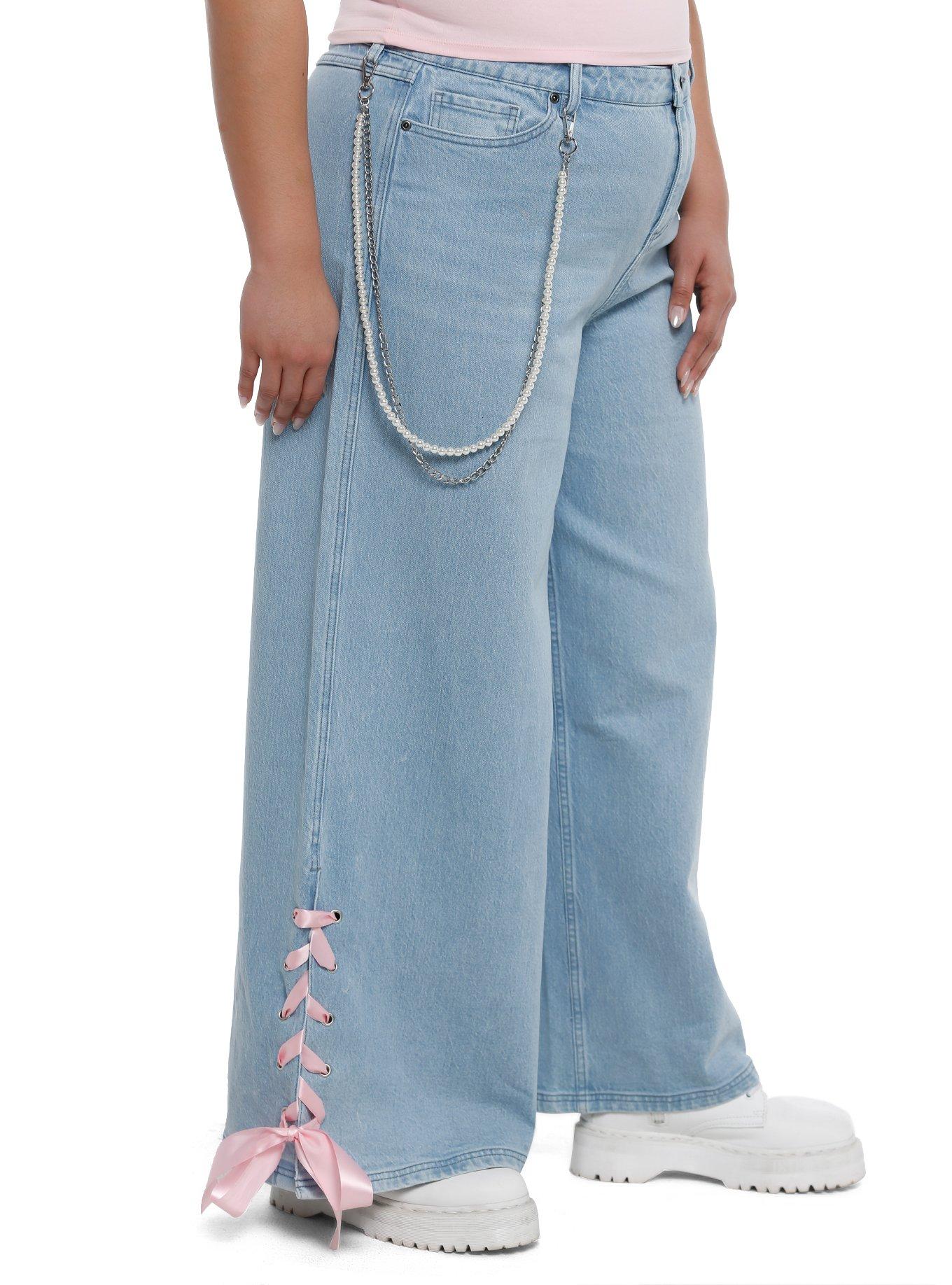 Sweet Society Pink Ribbon Heart Wide Leg Jeans Plus Size, PINK, alternate