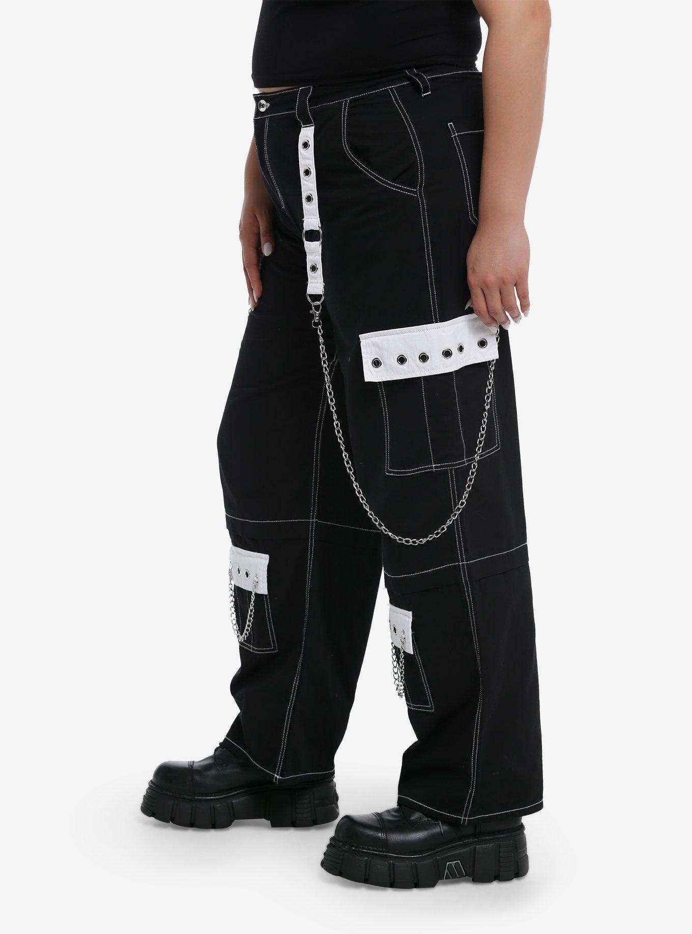 Black & White Grommet Chain Carpenter Pants Plus Size, , alternate
