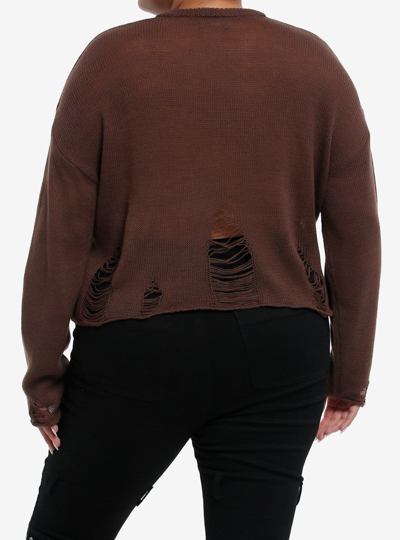 Social Collision® Brown Distressed Girls Crop Sweater Plus Size, BROWN, alternate