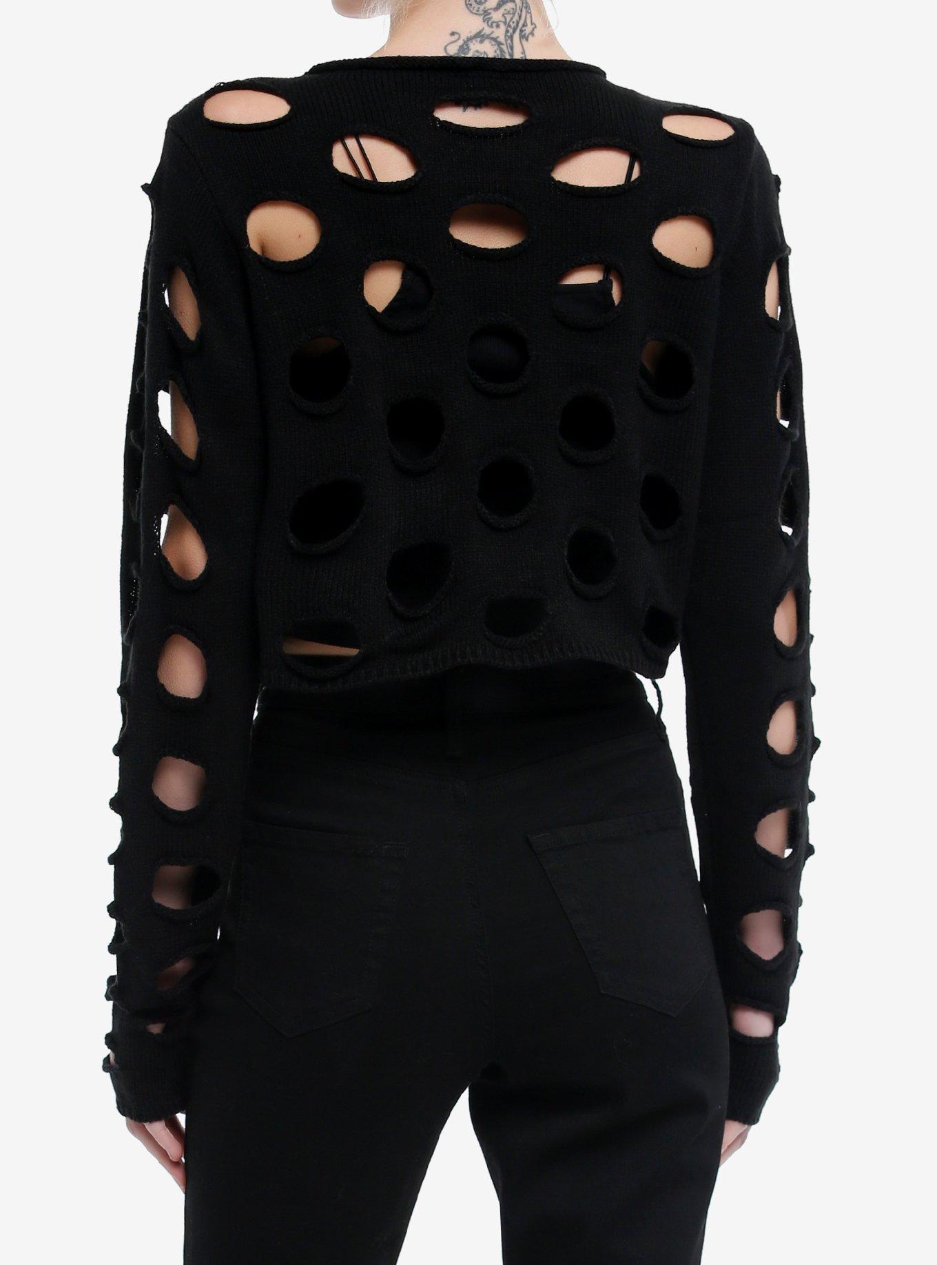 Cosmic Aura Black Cutout Girls Crop Sweater, BLACK, alternate