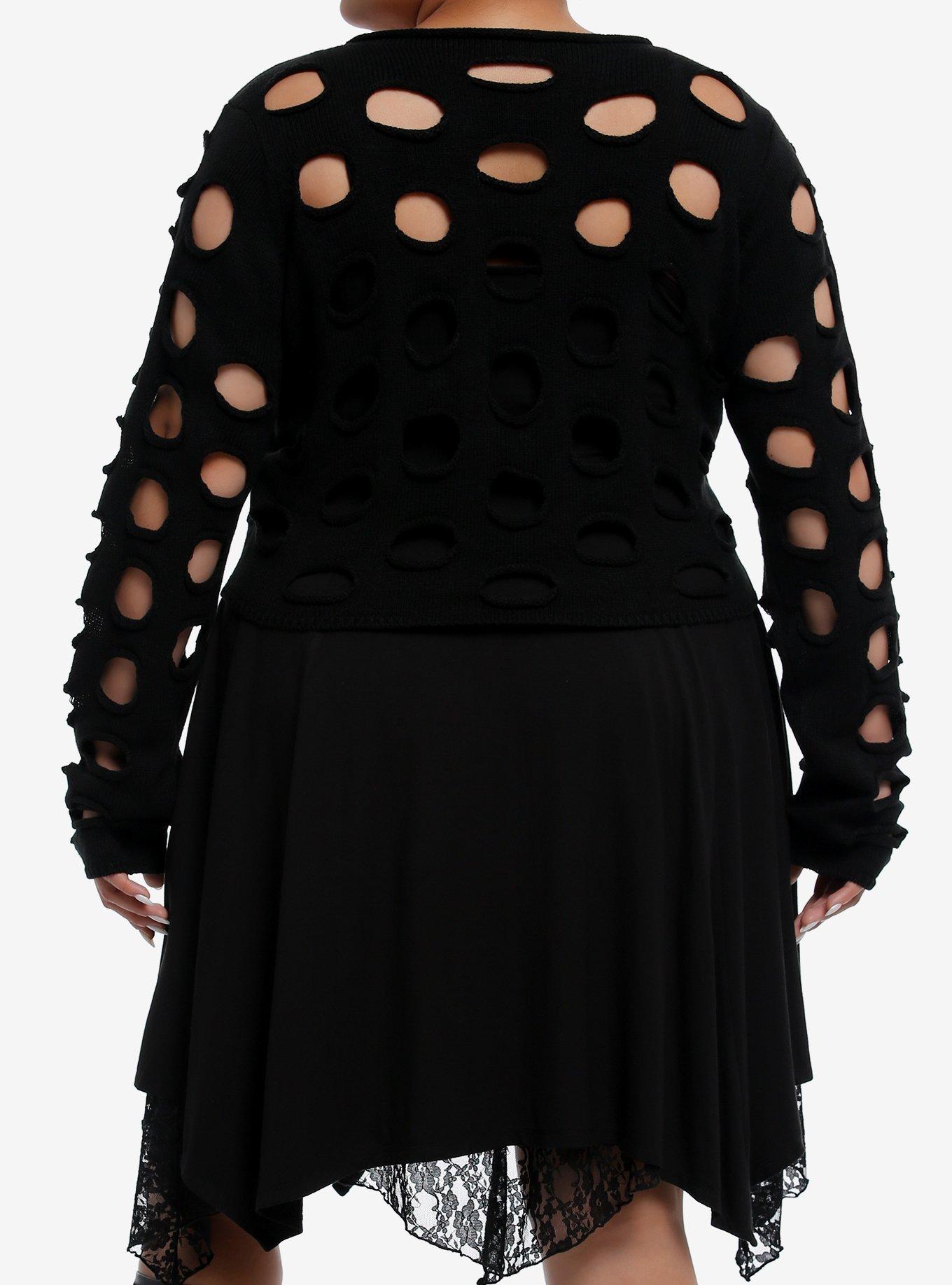 Cosmic Aura Black Cutout Girls Crop Sweater Plus Size, BLACK, alternate