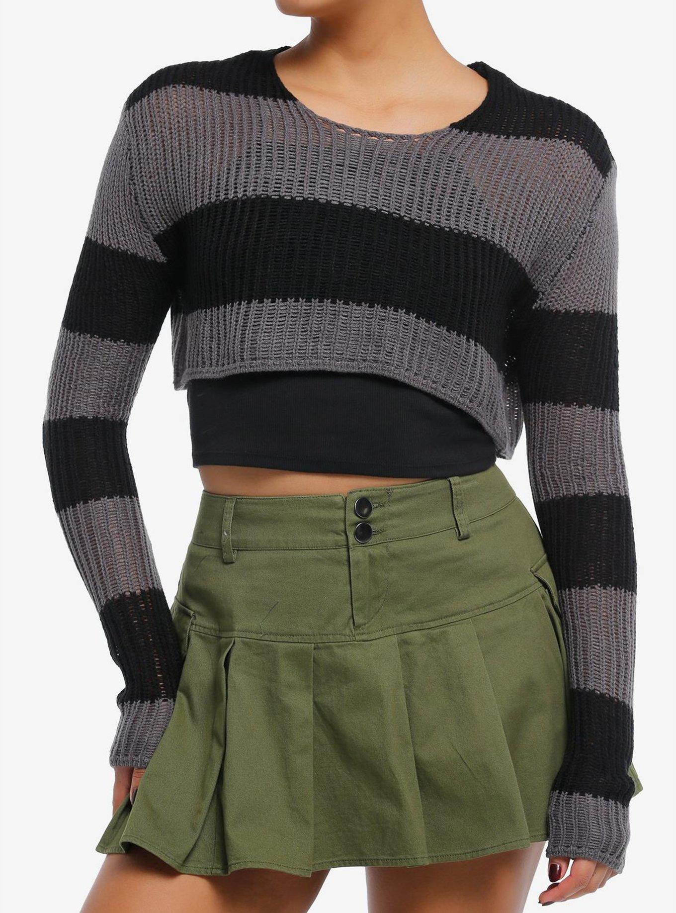 Social Collision® Black & Grey Stripe Crop Knit Girls Sweater, , hi-res