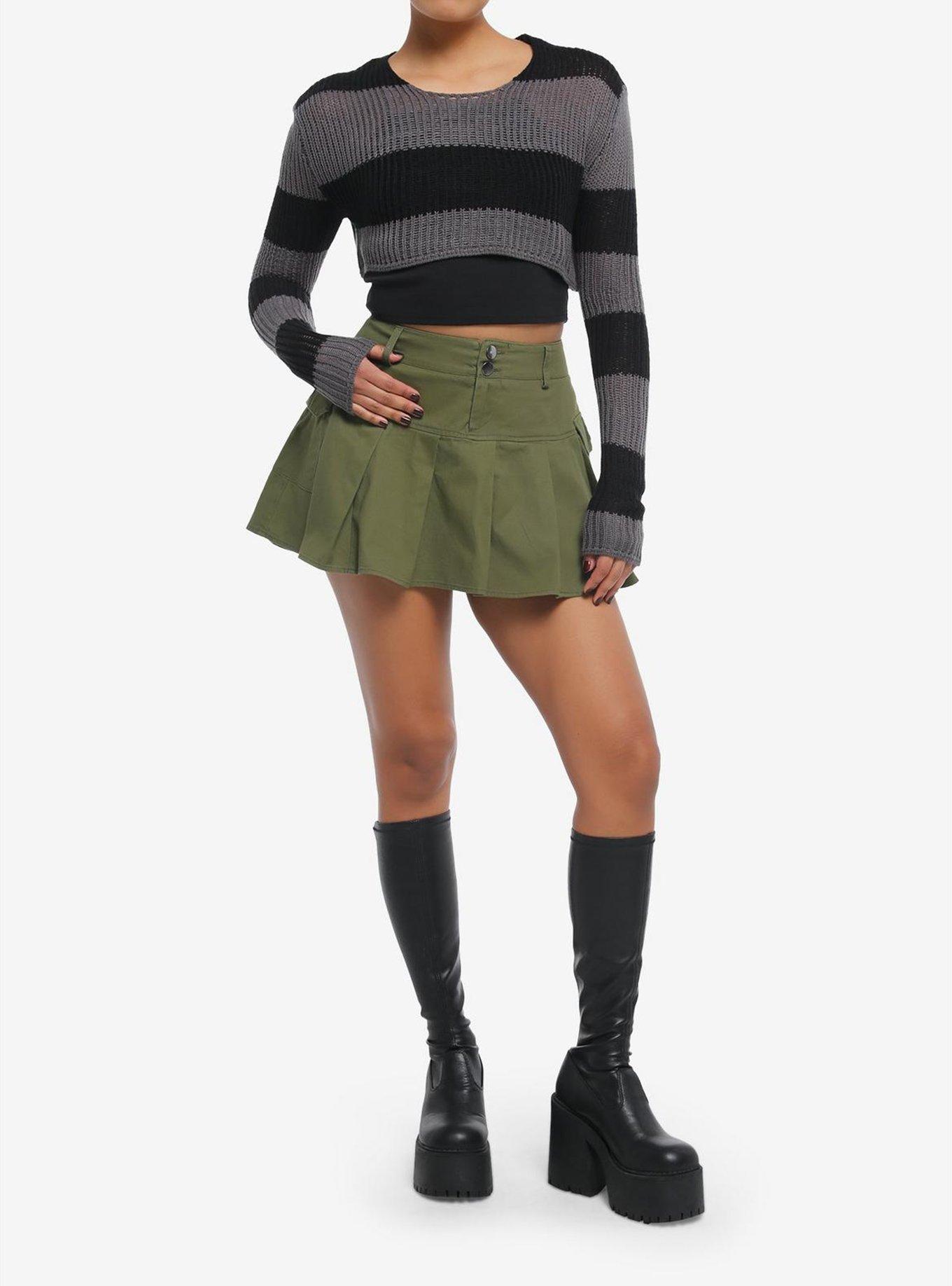Social Collision® Black & Grey Stripe Crop Knit Girls Sweater, GREY, alternate