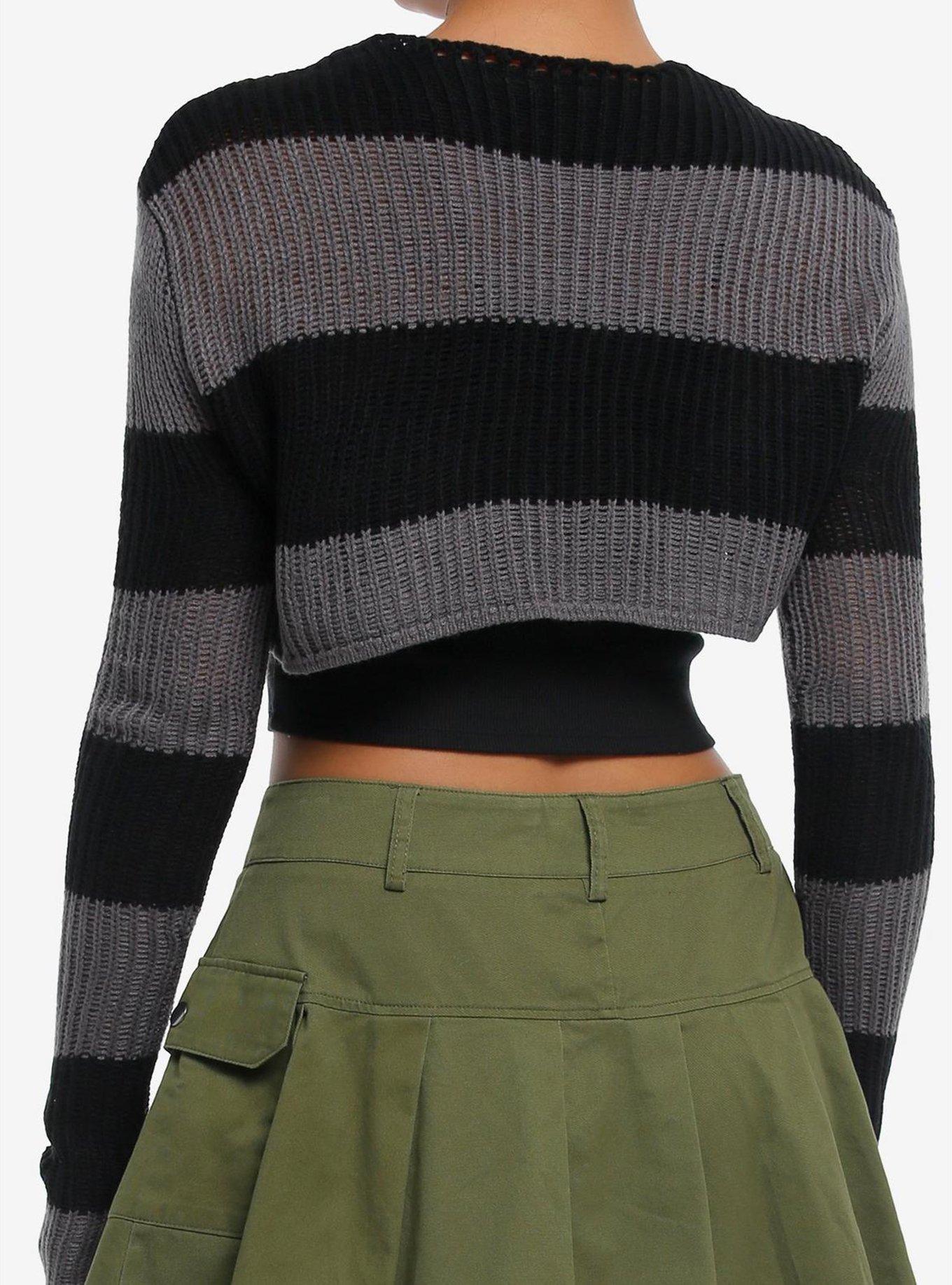 Social Collision® Black & Grey Stripe Crop Knit Girls Sweater, GREY, alternate