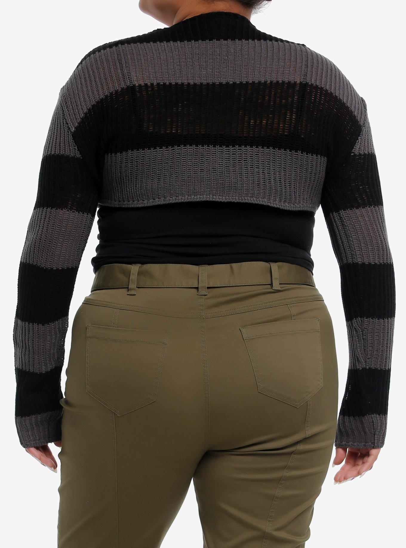 Social Collision® Black & Grey Stripe Girls Crop Knit Sweater Plus Size, GREY, alternate