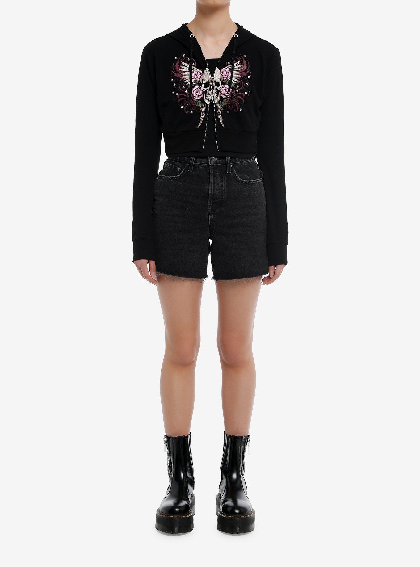 Social Collision® Skull & Roses Rhinestone Girls Crop Hoodie, , hi-res