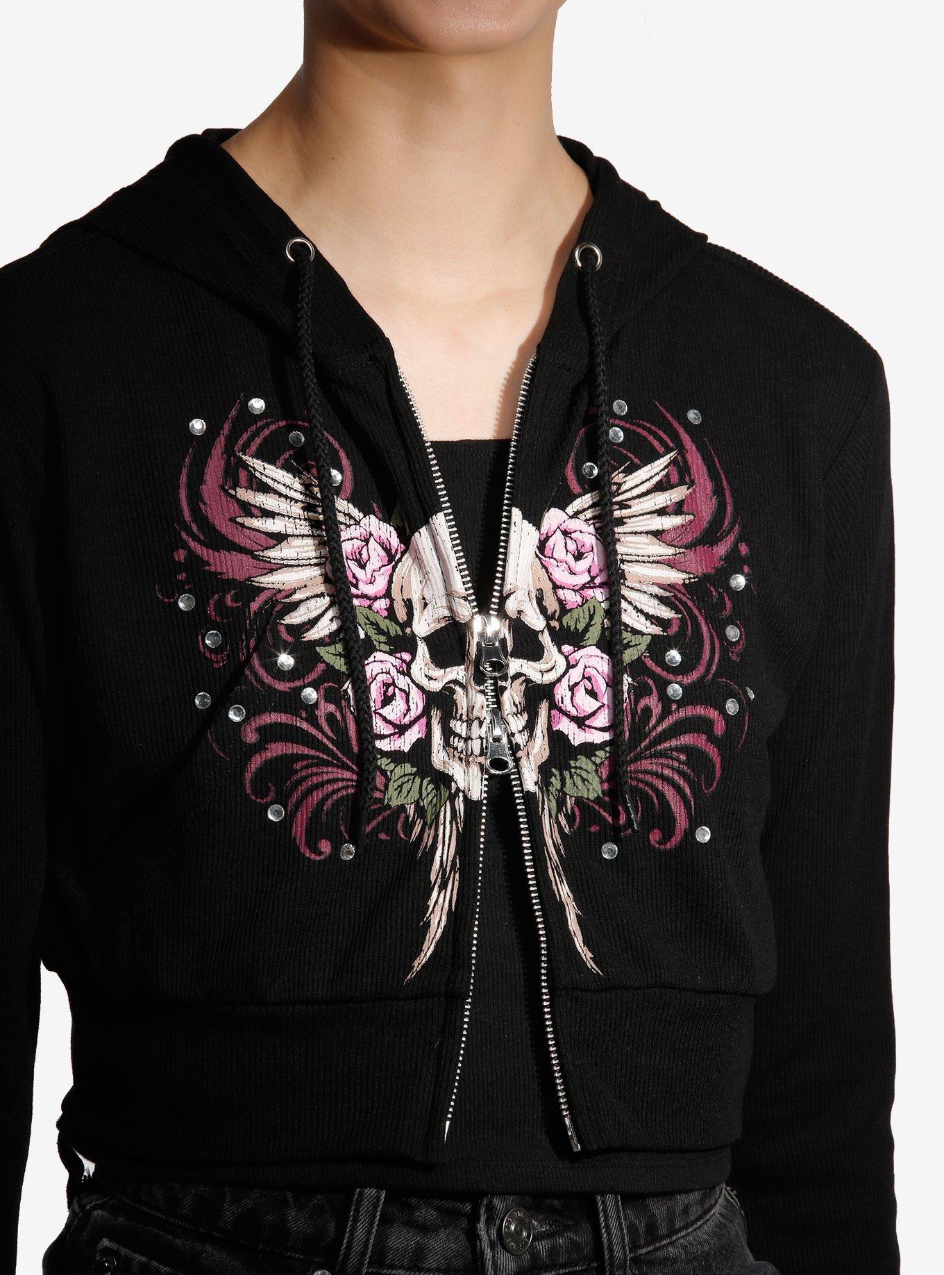 Social Collision® Skull & Roses Rhinestone Girls Crop Hoodie, PINK, alternate