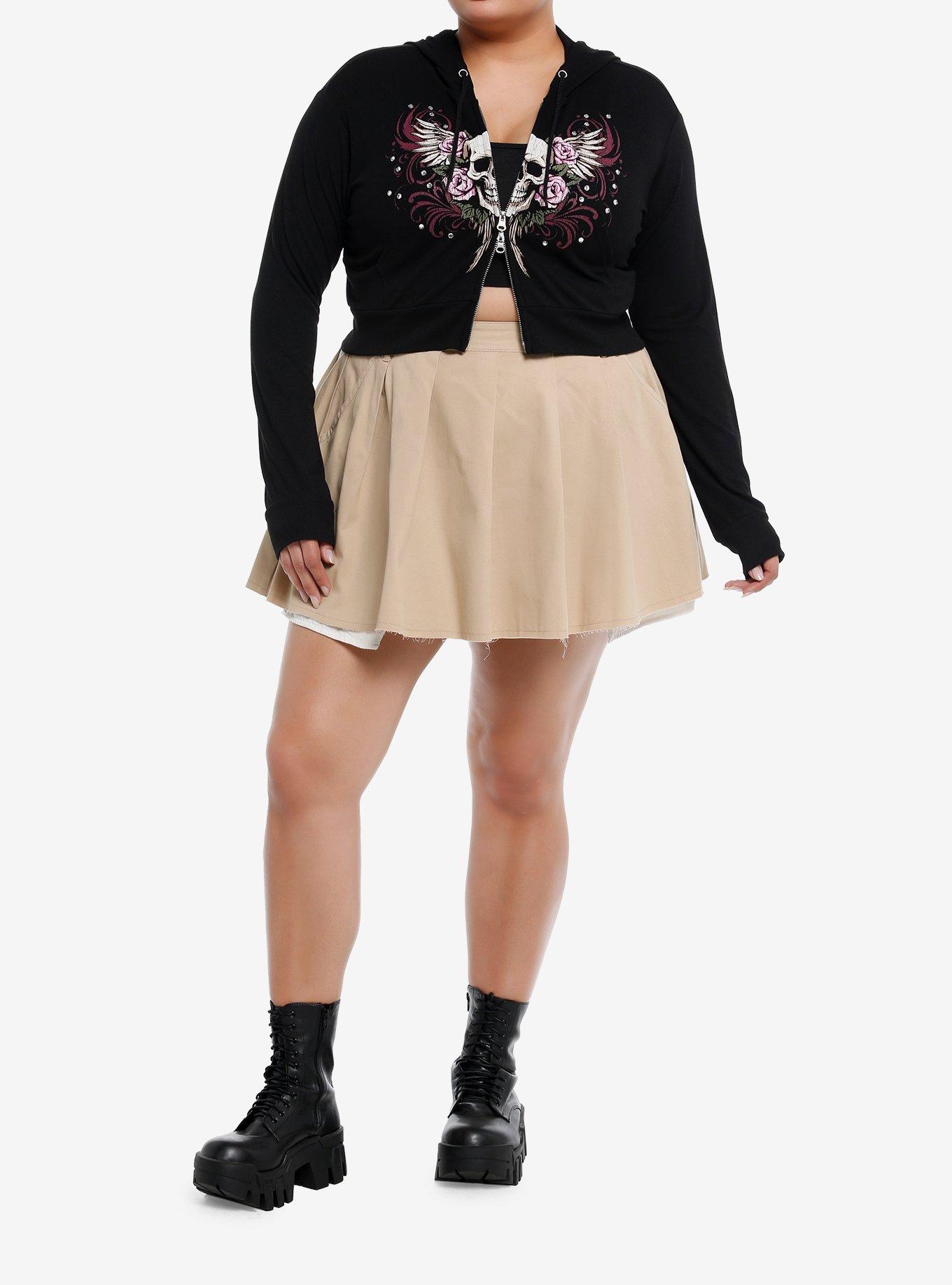 Social Collision® Skull & Roses Rhinestone Crop Girls Hoodie Plus Size, , hi-res