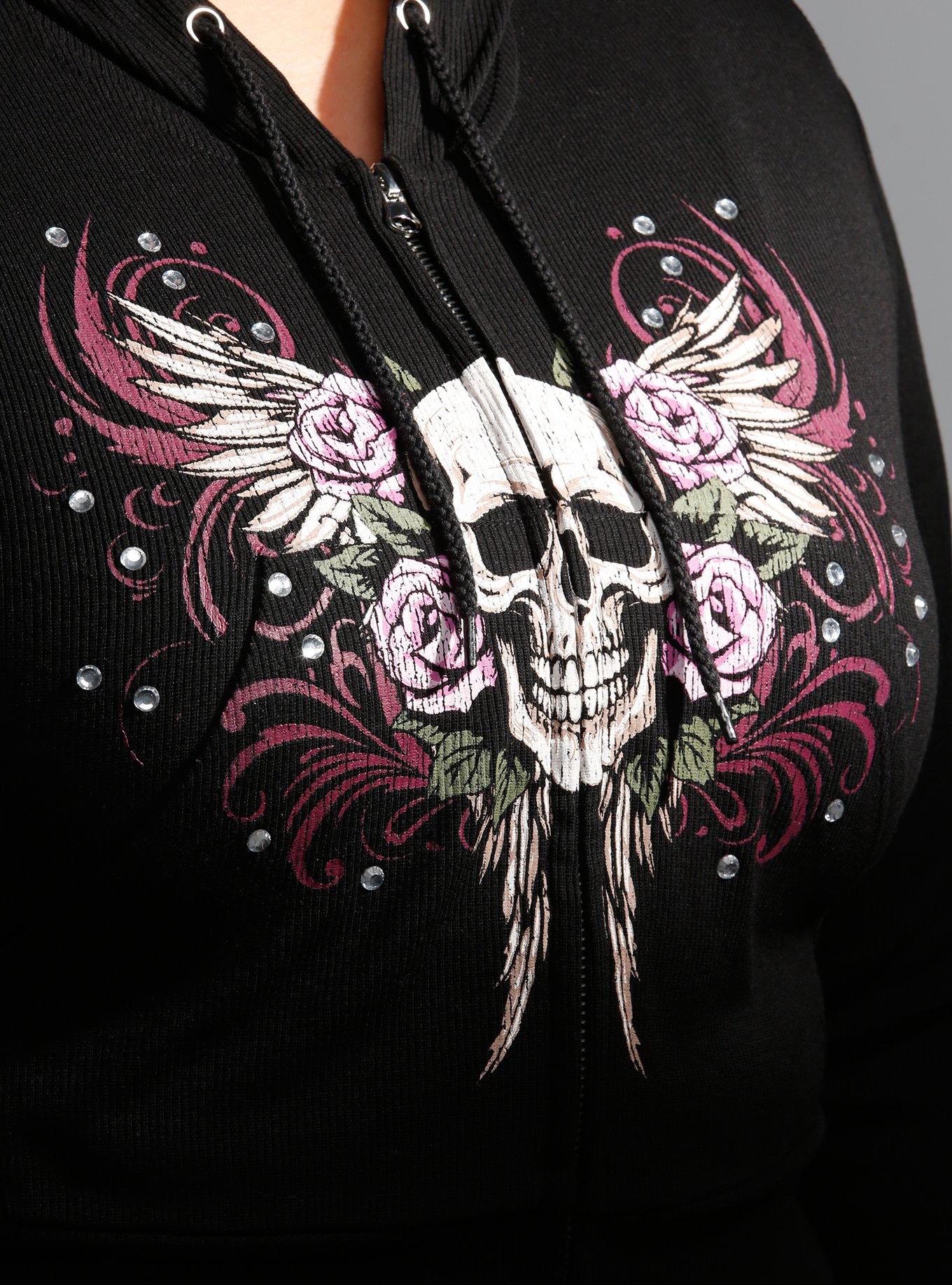 Social Collision® Skull & Roses Rhinestone Crop Girls Hoodie Plus Size, PINK, alternate