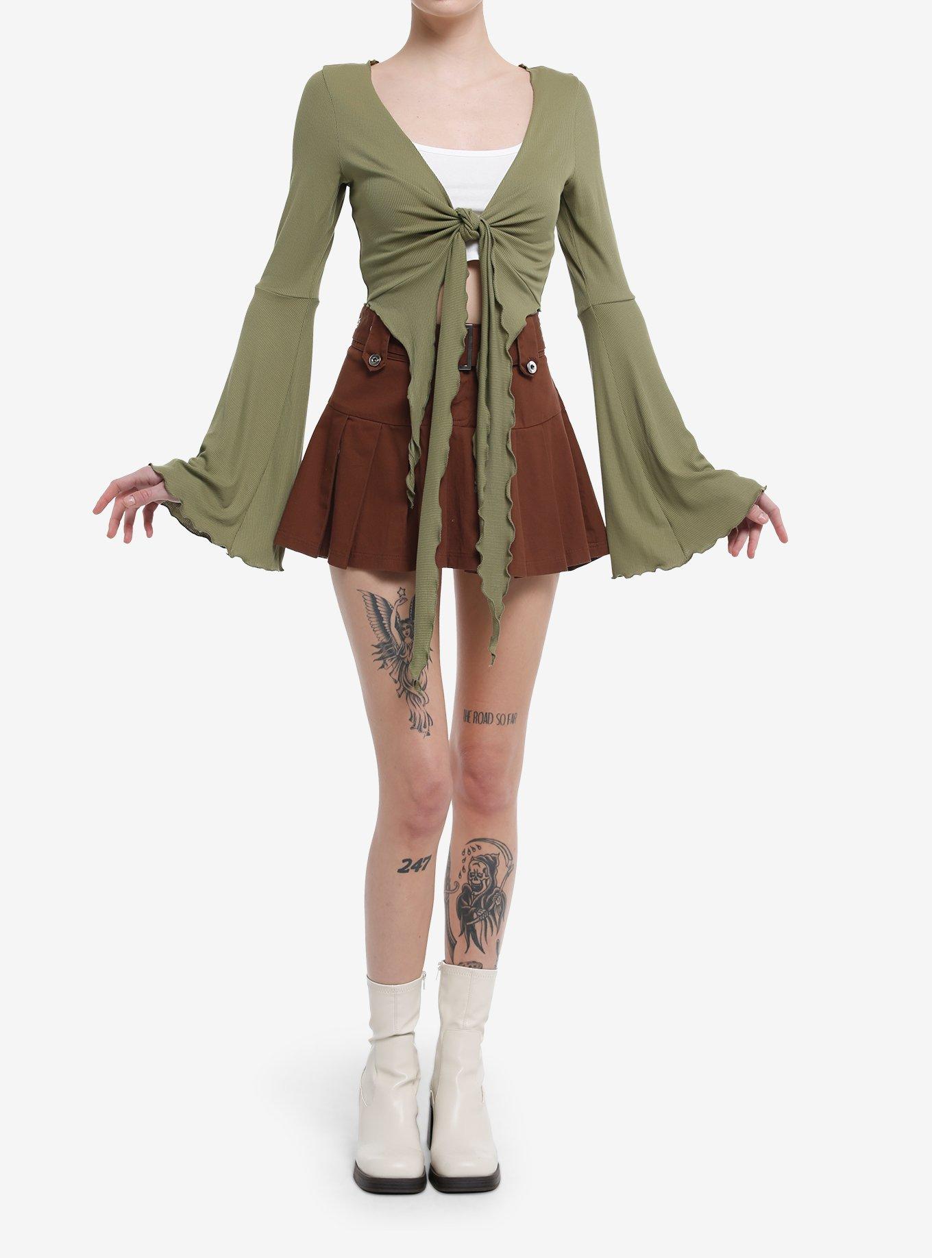 Thorn & Fable Green Tie-Front Girls Bell Sleeve Crop Top, , hi-res