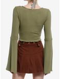 Thorn & Fable Green Tie-Front Girls Bell-Sleeve Crop Top, OLIVE, alternate